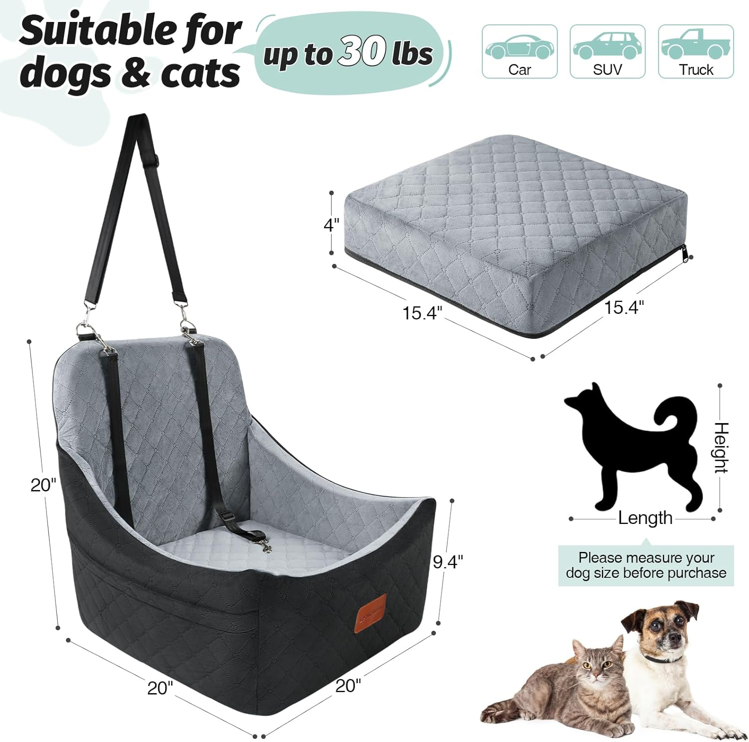 Dog Car Seat for Dogs up to 35Lbs,Car Dog Bed Easy to Install,Medium Dog Car Seat with Adjustable Straps and anti Slip Bottom,Fully Detachable and Washable(Black/Grey,Medium) image number 2