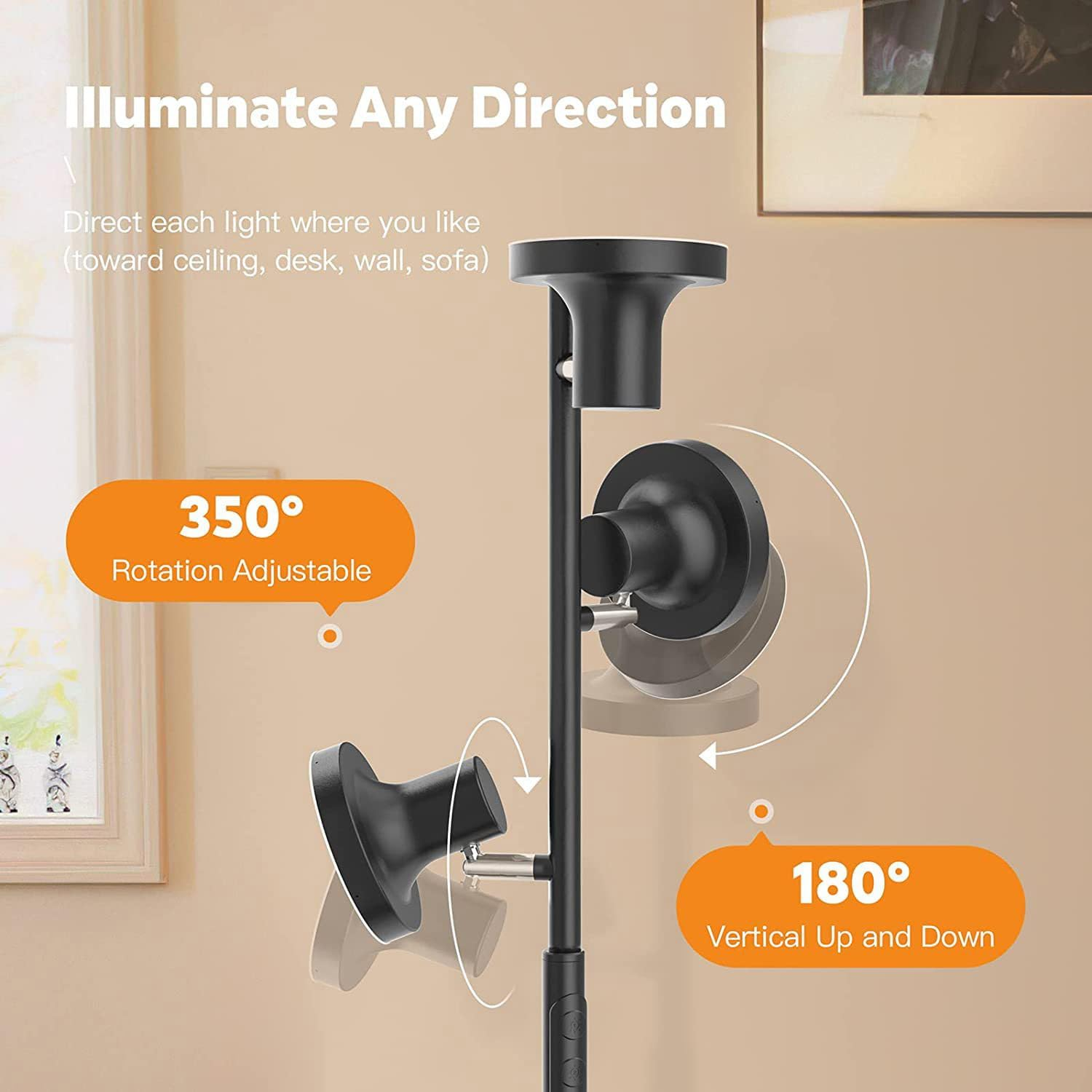 LED Floor Lamp 2700K-6500K Dimmable Standing Lamp with 3 Rotatable Lights & Timer Tall Lamp Morden Living Room Lamp for Bedroom Office Reading image number 2