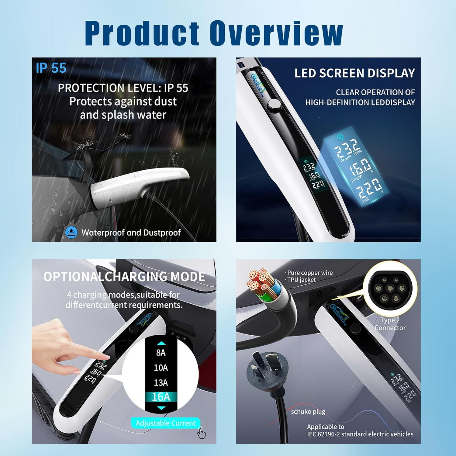 Type 2 EV Charger, 3.5KW, 5M Cable, Adjustable Current (8A-16A), Compatible with Tesla, BYD, MG, Volvo, Polestar and More (5M) image number 6