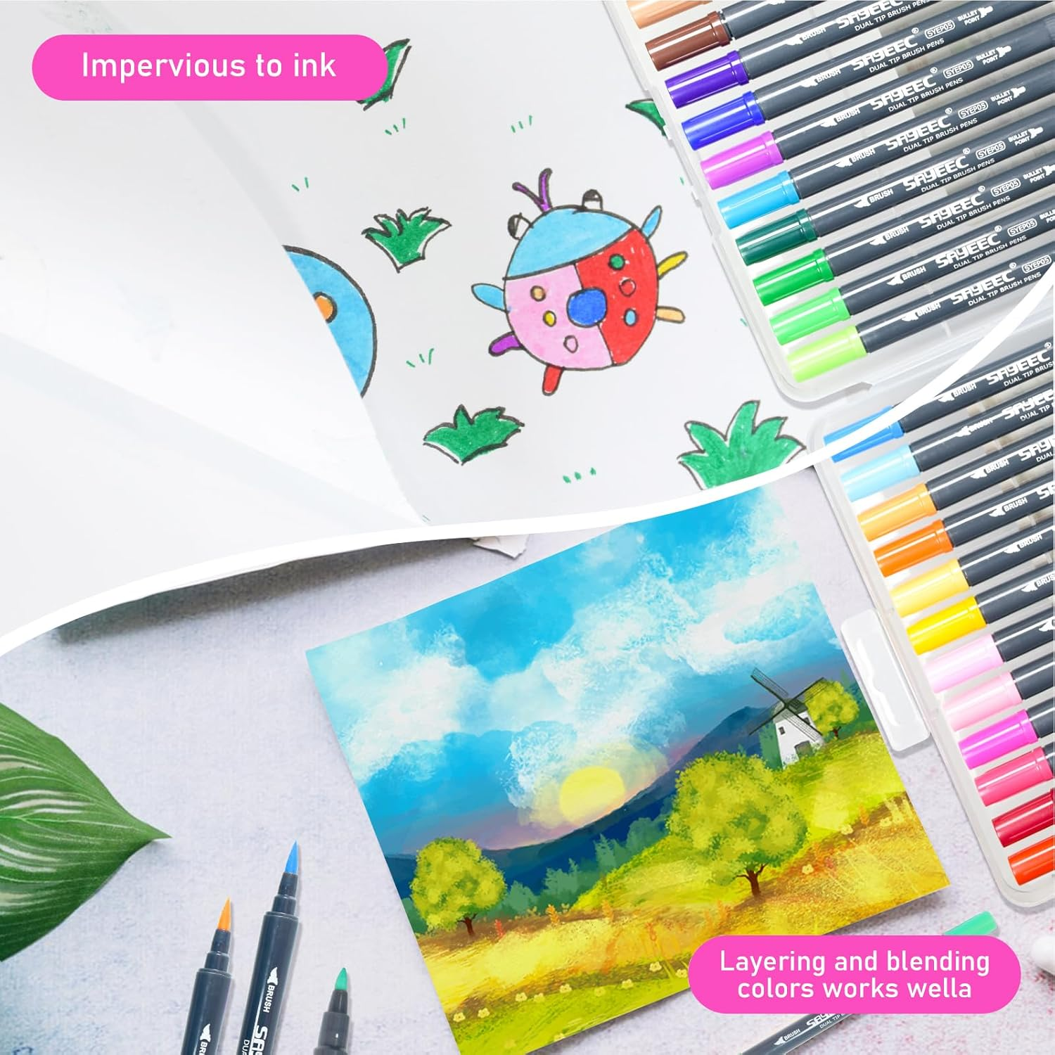 SAYEEC Watercolor Dual Brush Pens 24 Colors Art Coloring Markers Fine and Brush Tip Drawing Pens Artist Colored Markers for Adult Coloring Books Doodling Bullet Journaling Hand Lettering Calligraphy - 36 Pack image number 2