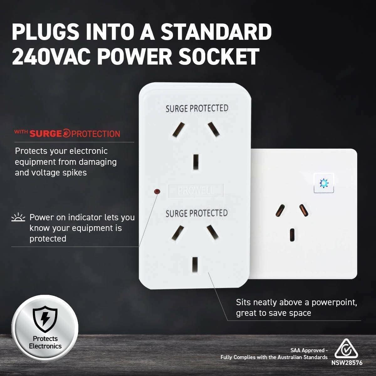 [3PCE] Sas Electrical Double Adaptor Surge Protection Power Indicator 240V 10A 2400W - White