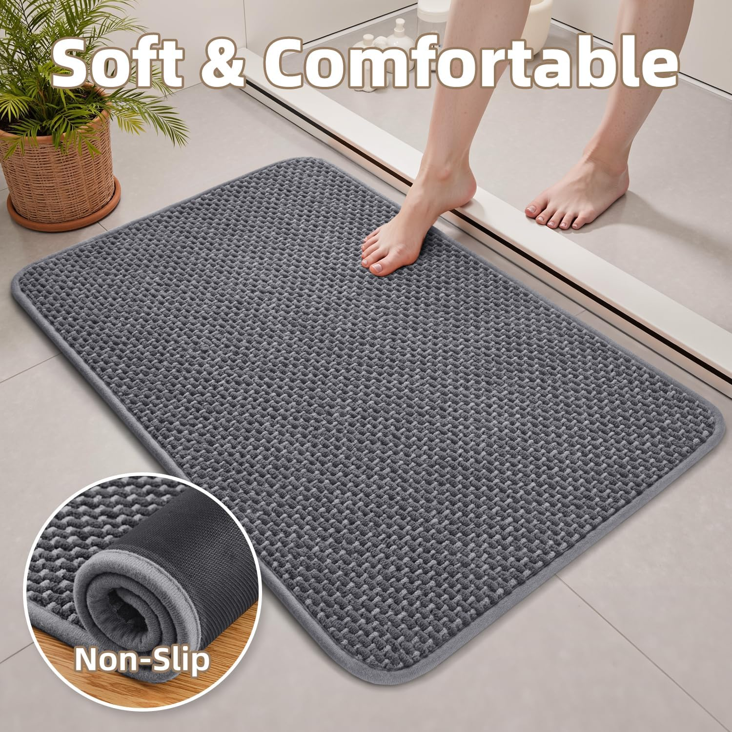 Padoor-Bath Mat-Super Absorbent Chenille Bathroom Mats-Rubber Backed Bath Mats for Bathroom Non Slip, Machine Washable Bathroom Rugs Front of Bathtub,Shower Room,Sink-43X61 CM Grey&Beige image number 6