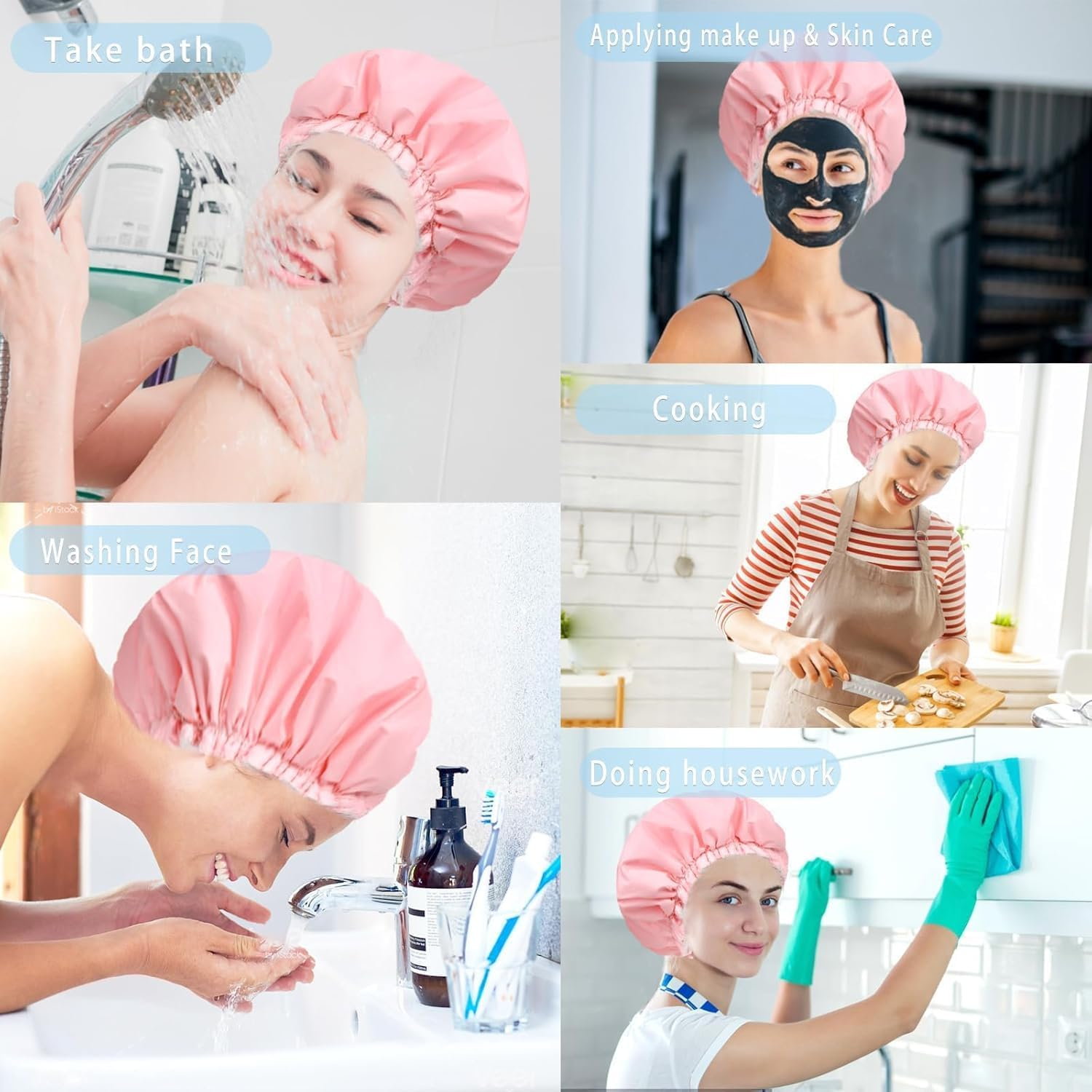 Shower Caps for Women, Terry Cloth Lined, Reusable Bath Caps, Double Waterproof Layers Shower Cap, Bathing Shower Caps, for Long Thick Hair, Waterproof Washable Soft Bath Shower Caps for Hair Care image number 5