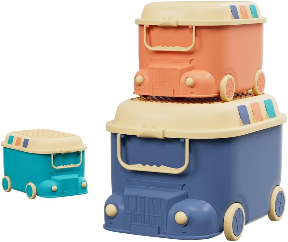 Keezi 3PCS Toy Storage Box Cute Car Toy Container Kids Toy Organiser Snack Boxes image number 1