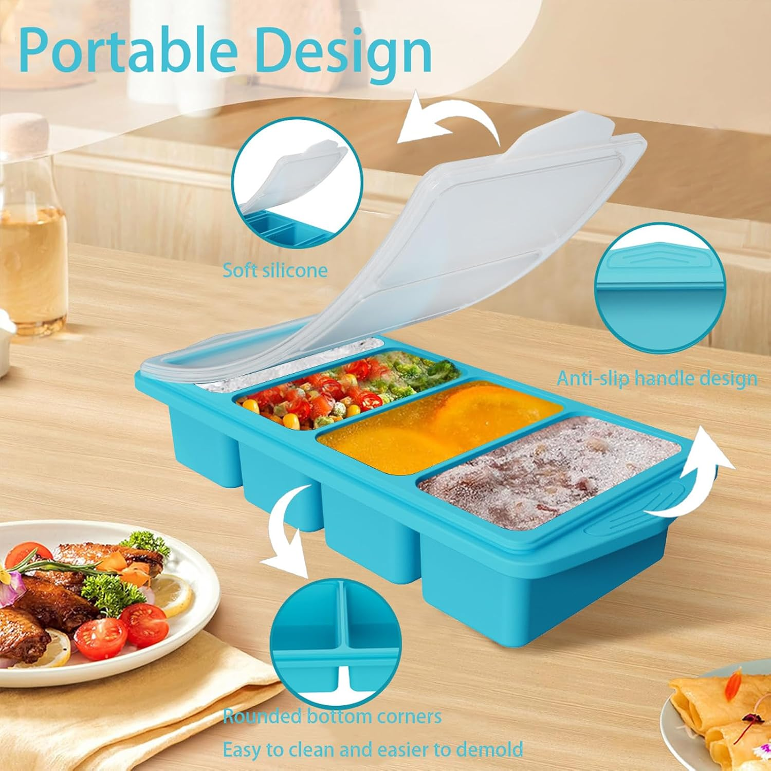 2 Pcs Silicone Freezer Tray with Lid, Silicone Freezer Food Molds, Large Ice Cube Tray, Leftovers, Sauce, Broth, Freeze & Store Soup, Makes 4 Perfect 1 Cup (Blue) image number 3