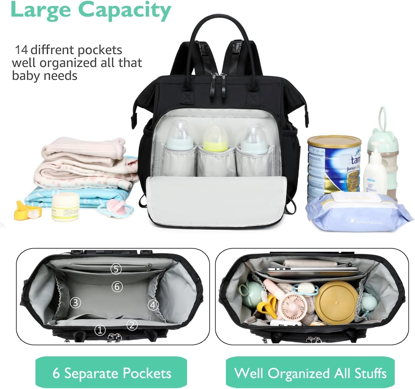 Convertible Diaper Bag Tote, Water-Resistant Diaper Backpack with Anti-Theft Pockets and Stroller Clips image number 3