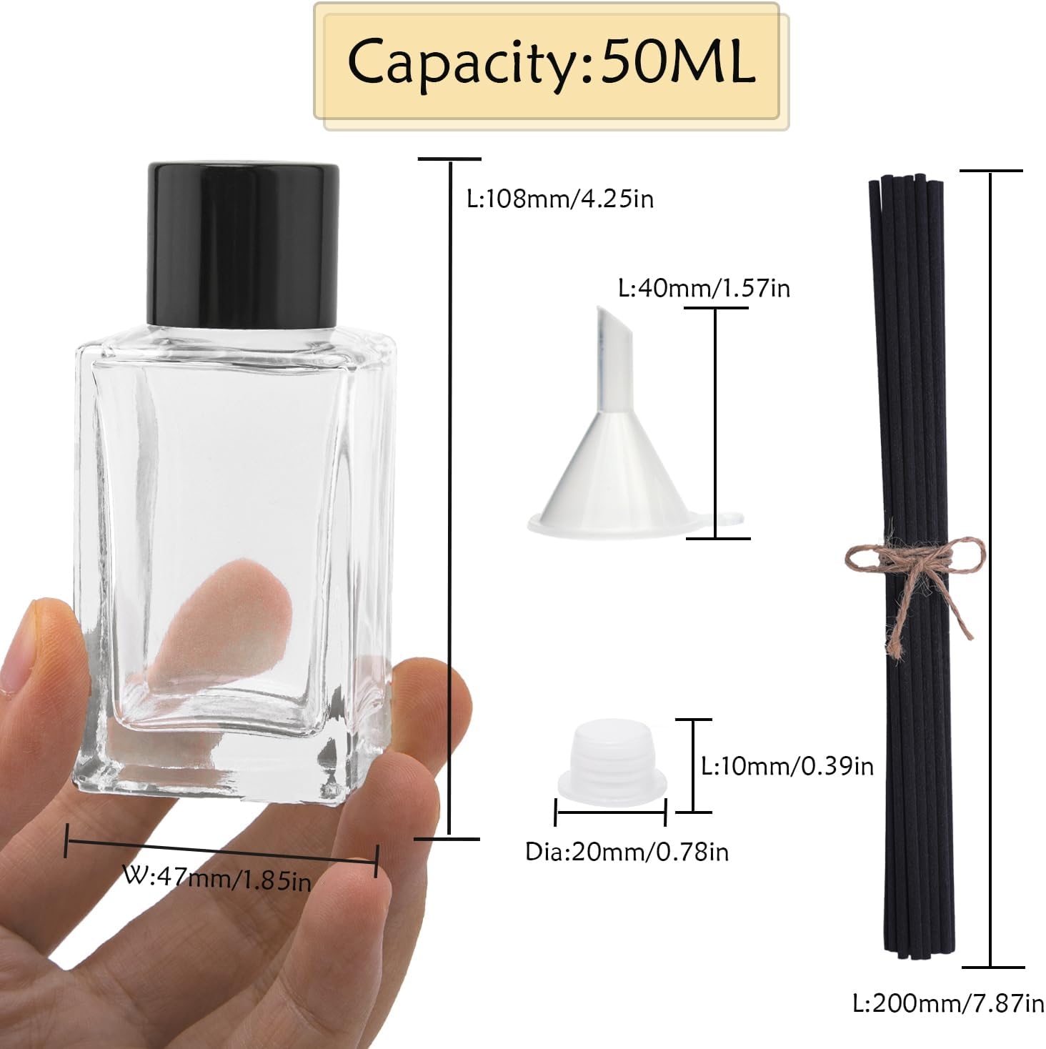 4PCS Empty Glass Fragrance Reed Diffuser Bottles, Refillable Diffuser Bottles with 20Pcs Reeds Sticks & Black Caps & Funnel, Diffuser Jars for Home Oil Fragrance Decoration (50ML) image number 3