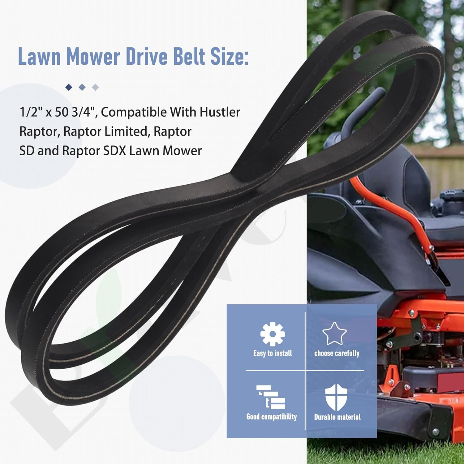 Lawn Mower 607400 Drive Belt (1/2" X 50 3/4") Compatible with Hu-Stler Ra-Ptor, Ra-Ptor Limited, Raptor SD, SDX 607400 Hustler Drive Belt Replaces 603907 607400-A 54 938548, 60 938555 image number 5