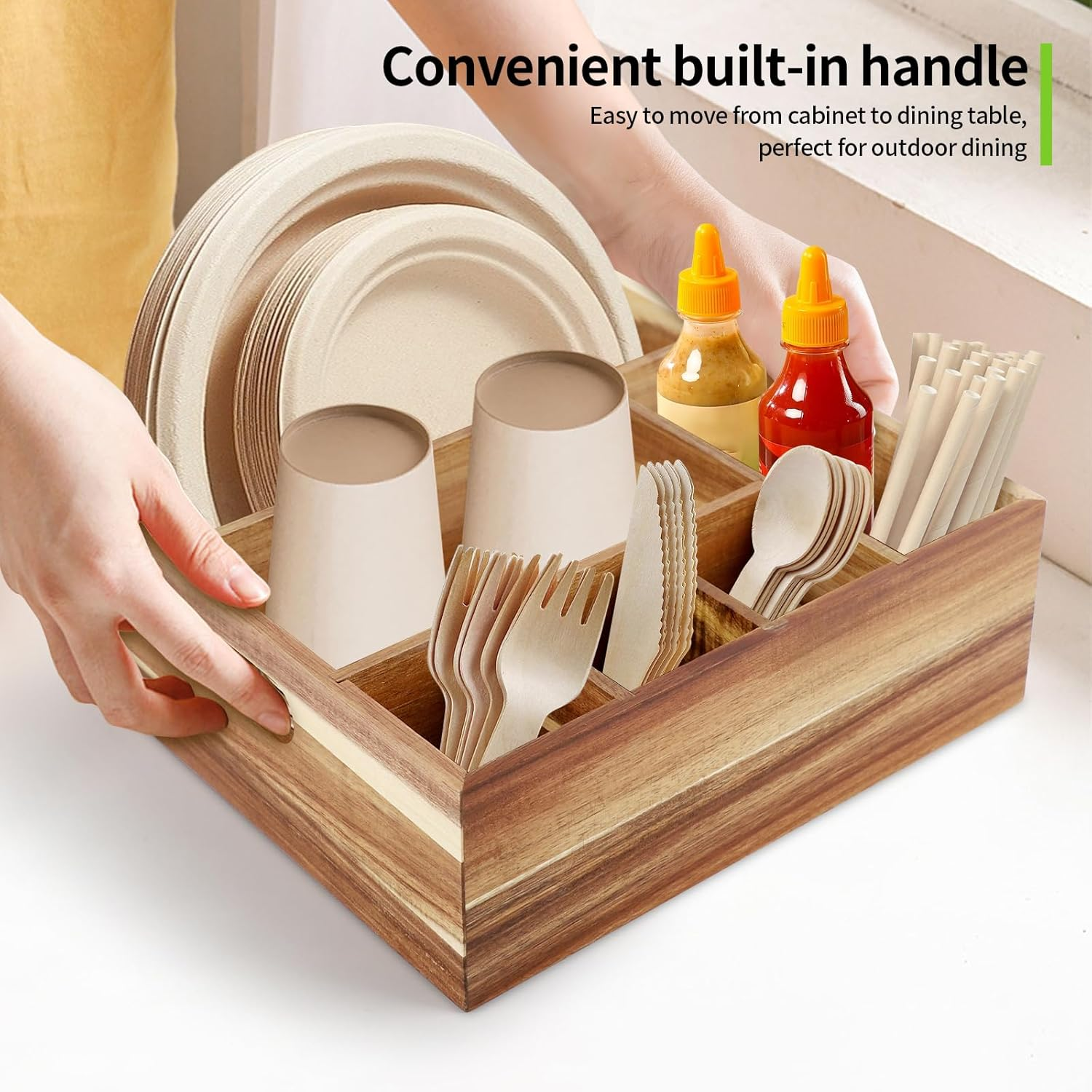 Acacia Wood Utensil Holder for Party - Cutlery Drawer Organiser - Cutlery Holder for Kitchen Camping Buffet, 6-Compartment Utensil Caddy for Forks, Knives, Spoons, Cups image number 6