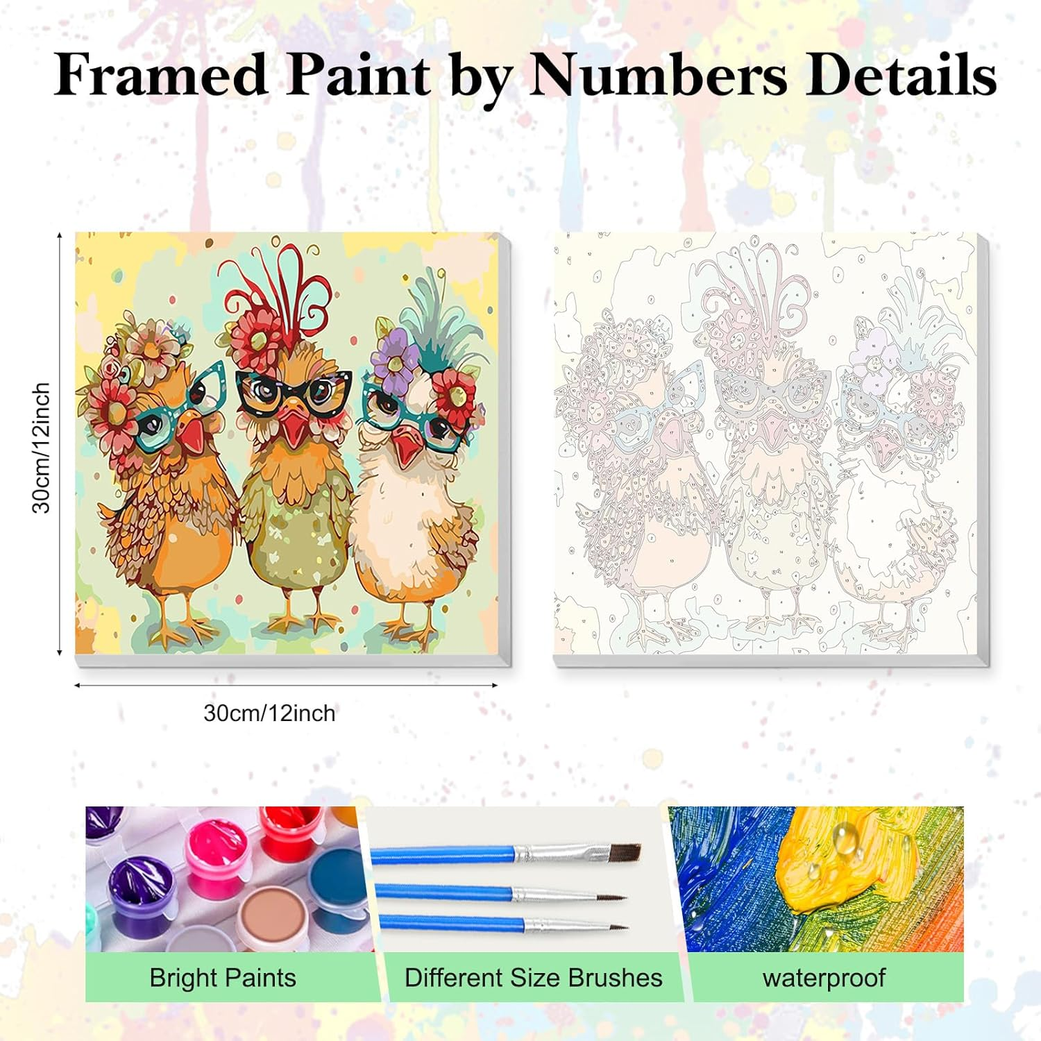 HEIBAGO Paint by Numbers Framed, DIY Chicken Paint by Numbers Kits, Animal Paint by Numbers for Adults Arts and Crafts Acrylic Pigment Drawing Paintwork Wall Art for Home Wall Decor 30X30Cm