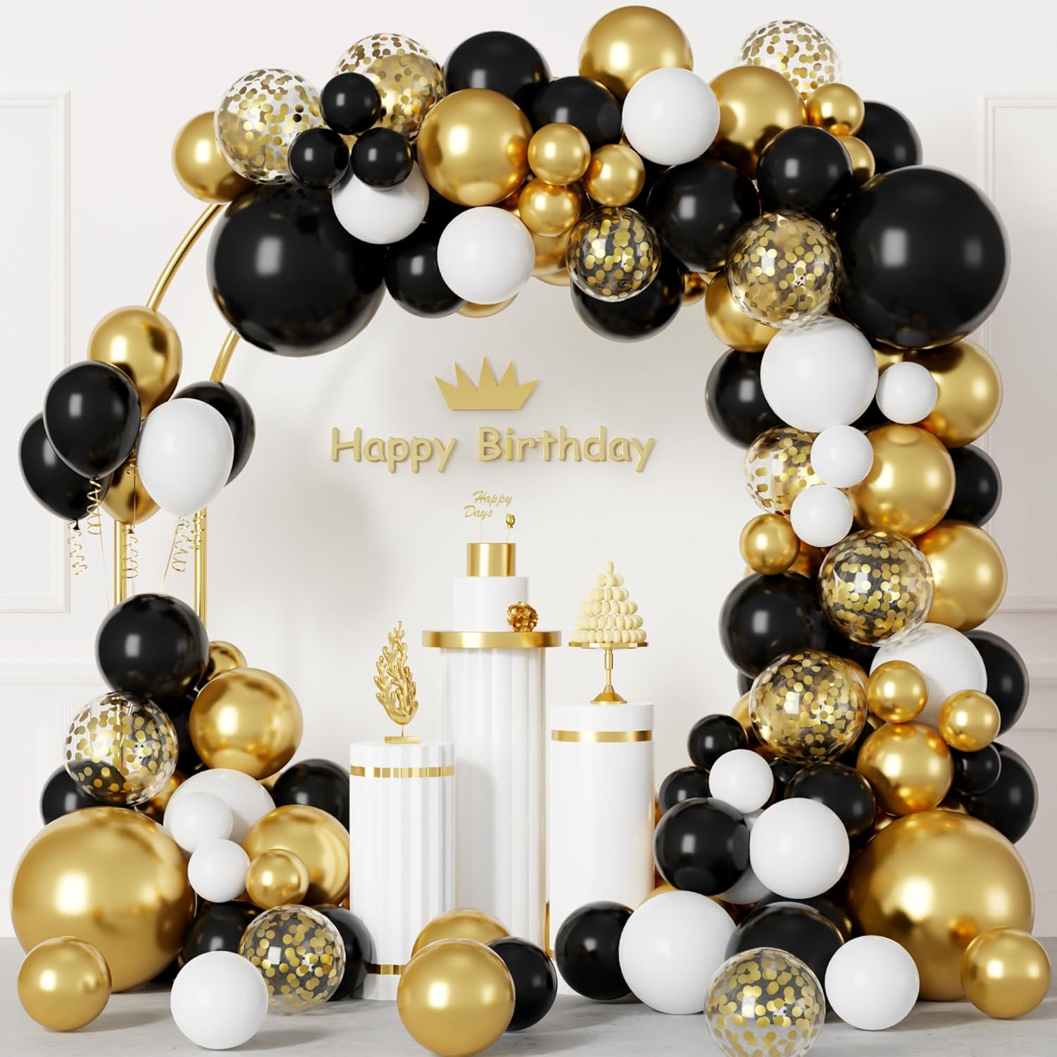 Black and Gold Balloon Garland Arch Kit, 140PCS Black Gold Confetti Balloons Arch Kit 5 10 12 18 Inch Different Sizes Latex Balloons for Graduation Birthday New Year Anniversary Party Decorations