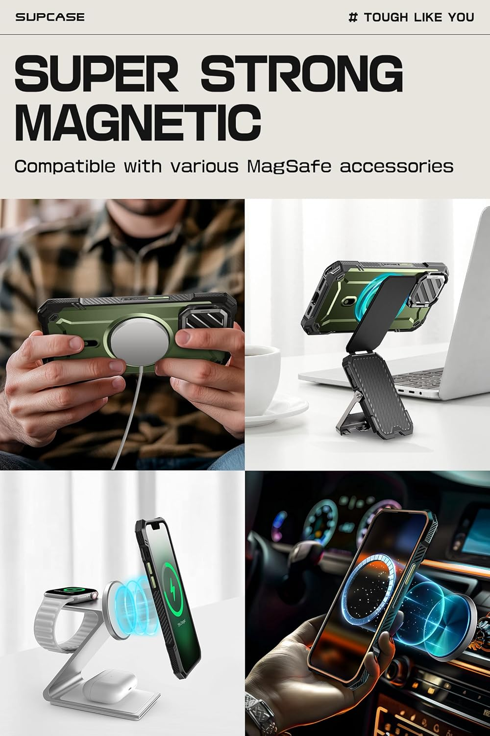 SUPCASE for Iphone 16E/15/14/13 Case with Camera Cover Stand (Ubmag XT), [Compatible with Magsafe] [Built-In Kickstand] [Military-Grade Protection] Heavy Duty Case for Iphone 16E 6.1", (Guldan) image number 4