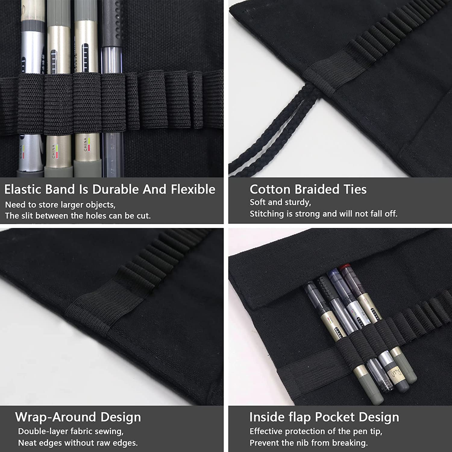 72 Slot Canvas Pencil Roll, Handmade Roll-Up Canvas Pencil Wrap for Artists, Sketchers, Students (Black) image number 6