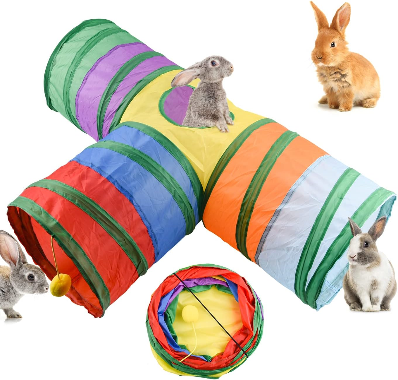 WXJ13 Bunny Tunnels Cat Tube Collapsible 3 Way Rabbit Tunnels for Indoor Bunnies Bunny Hideout Small Animal Tunnel Tubes Hideout Extra Hideaway Toys Rabbits Bunny Guinea Pigs Kitty,Colorful image number 6