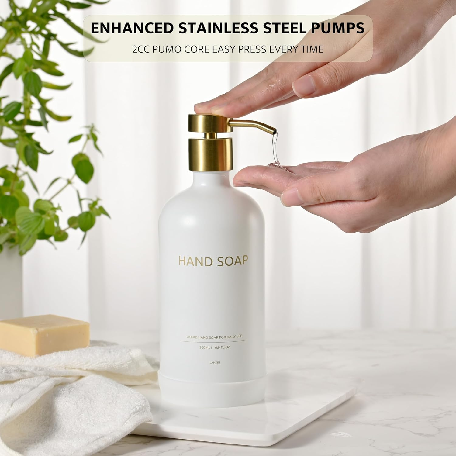 500 Ml Glass Soap Dispenser with Dispenser Tray, Soap Dispenser Set, Suitable for Kitchen, Shower (White + Gold Head) - White Bottle + Gold Head image number 2