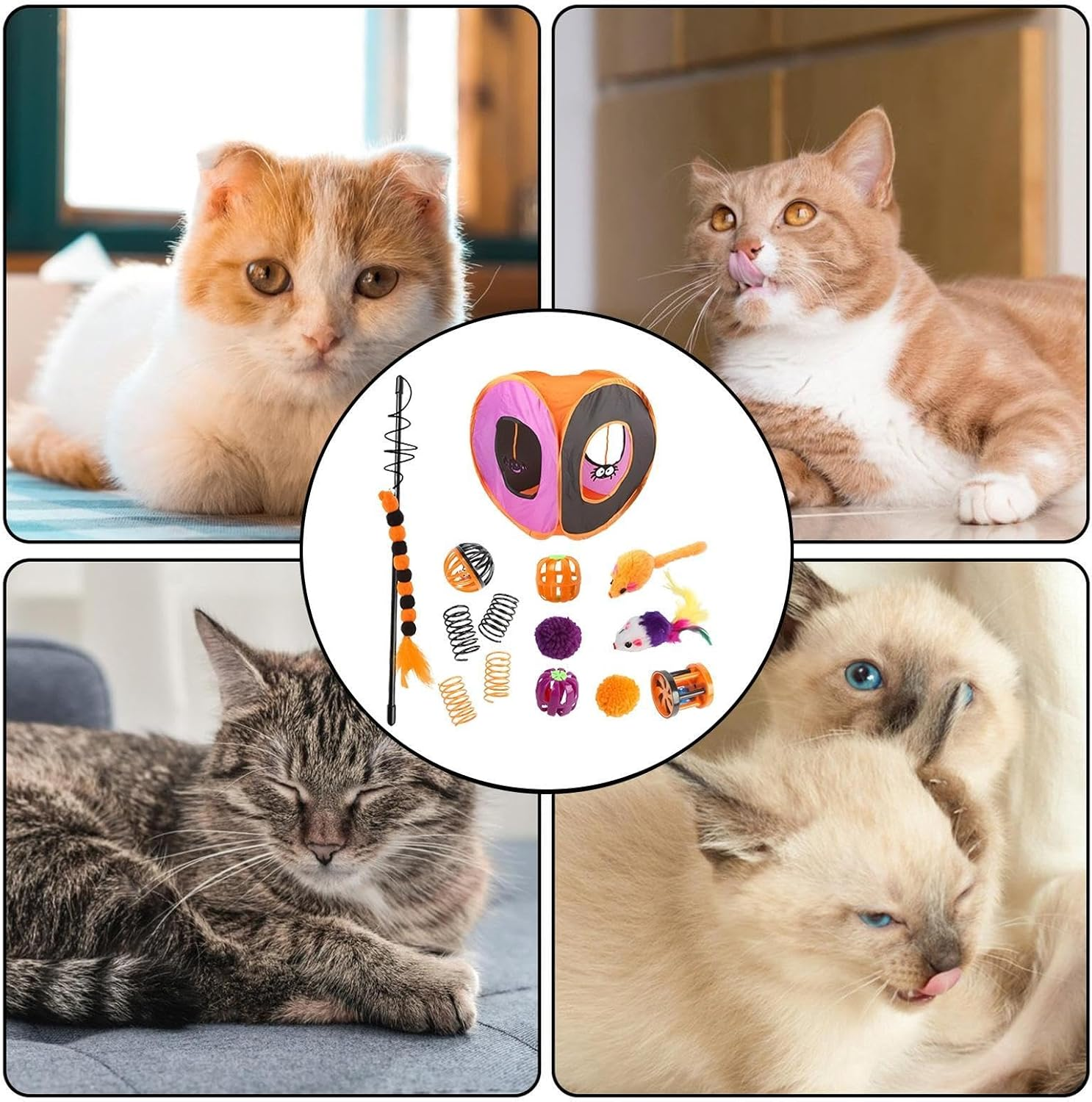 Indoor Cat Toys - Halloween Cat Tunnel Toys Set - Halloween Folding Square Channel Cat Toy Box, Kitten Accessories Cat Feather Wand Ball Toys for Indoor image number 2