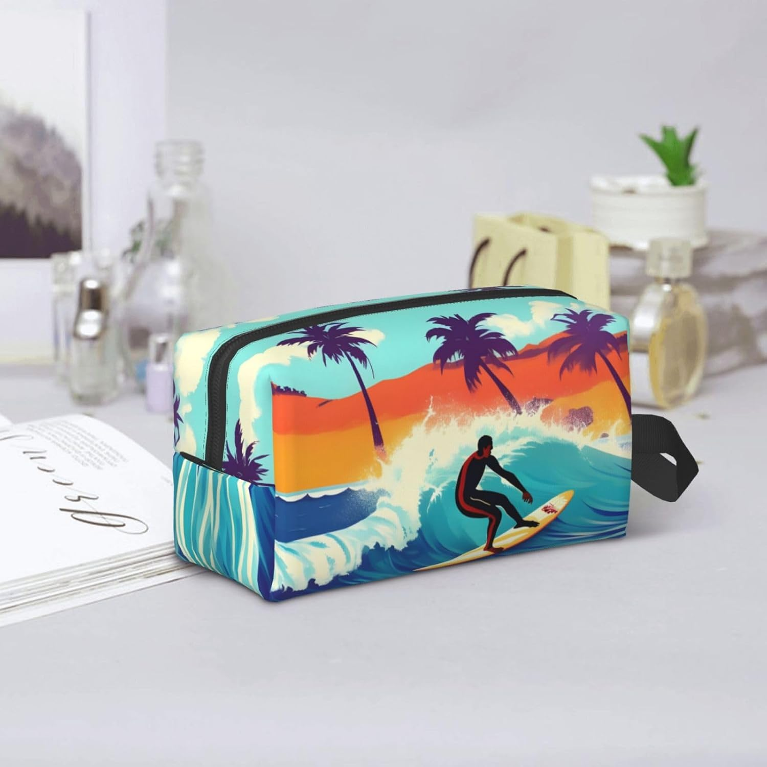 Hawaiian Surfer on Wavy Print Toiletry Bag for Men, Cosmetic Bag Spacious Capacity Travel Toiletry Bag for Women, White, One Size image number 3