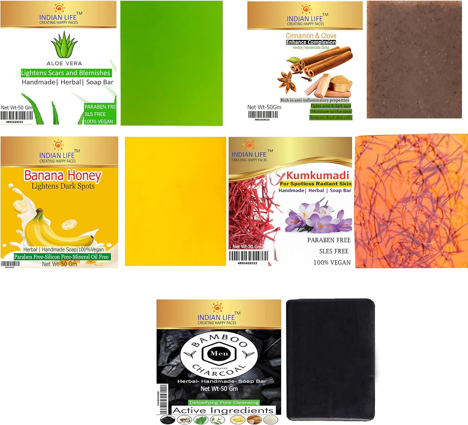 Luxurious Handmade Soap for Bridal Grooming Aloe Vera- Cinnamon-Banana-Kumkumadi- Men Charcoal Paraben Free|Sls Free| Mineral Oil Free(Pack of 5) 50 Gm Each image number 2