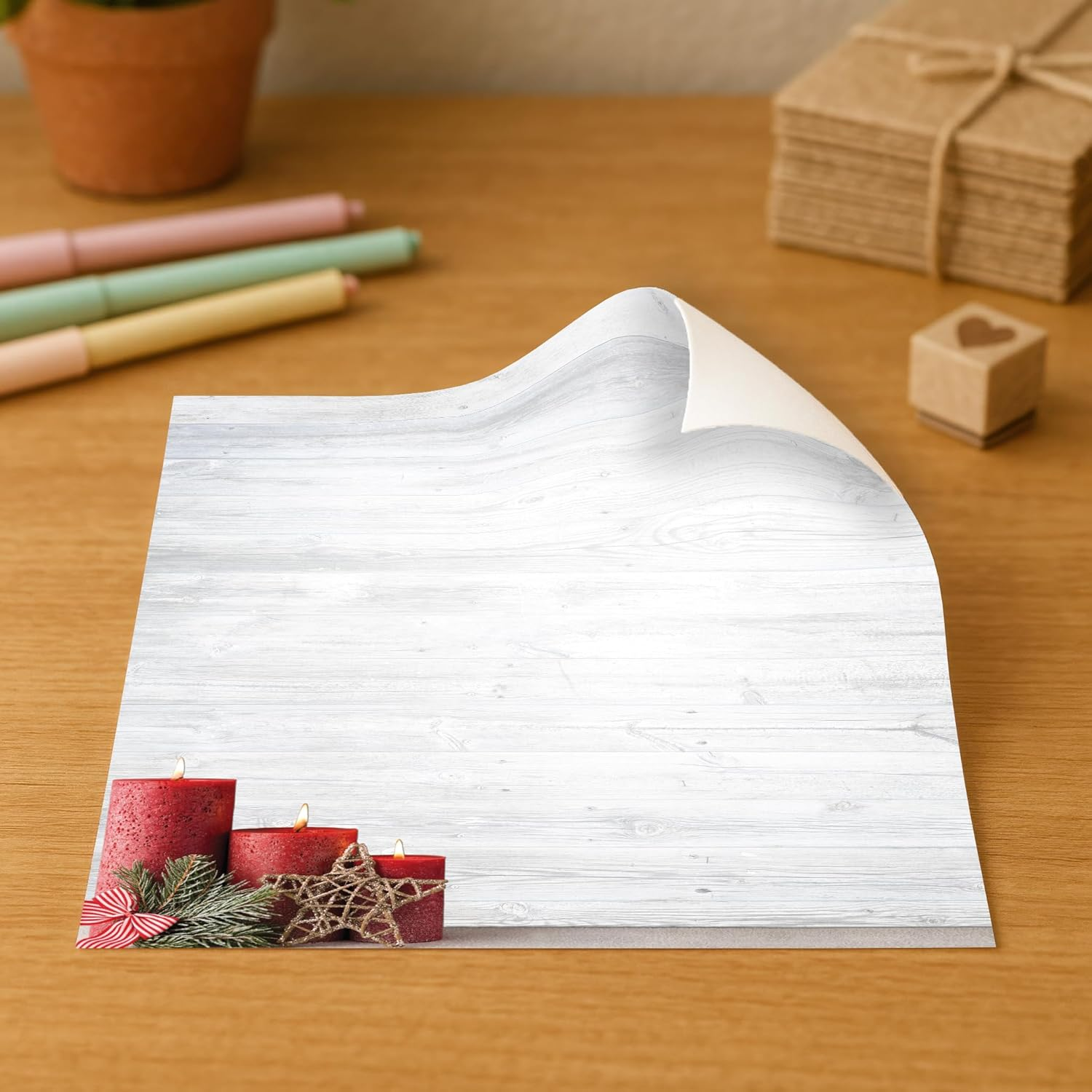 Red Christmas Candles Holiday Stationery Paper - 80 Sheets of Letterhead for Winter & Christmas Events