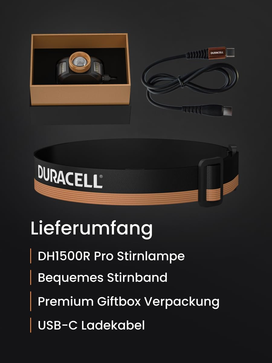 Duracell DH1500R Pro LED Headlamp - 1500 Lumens, Focusable, 50 M Beam Range, Red Light Function, USB-C Rechargeable, 18650 Li-Ion Battery, Various Light Modes, Splashproof, Includes Gift Box image number 4