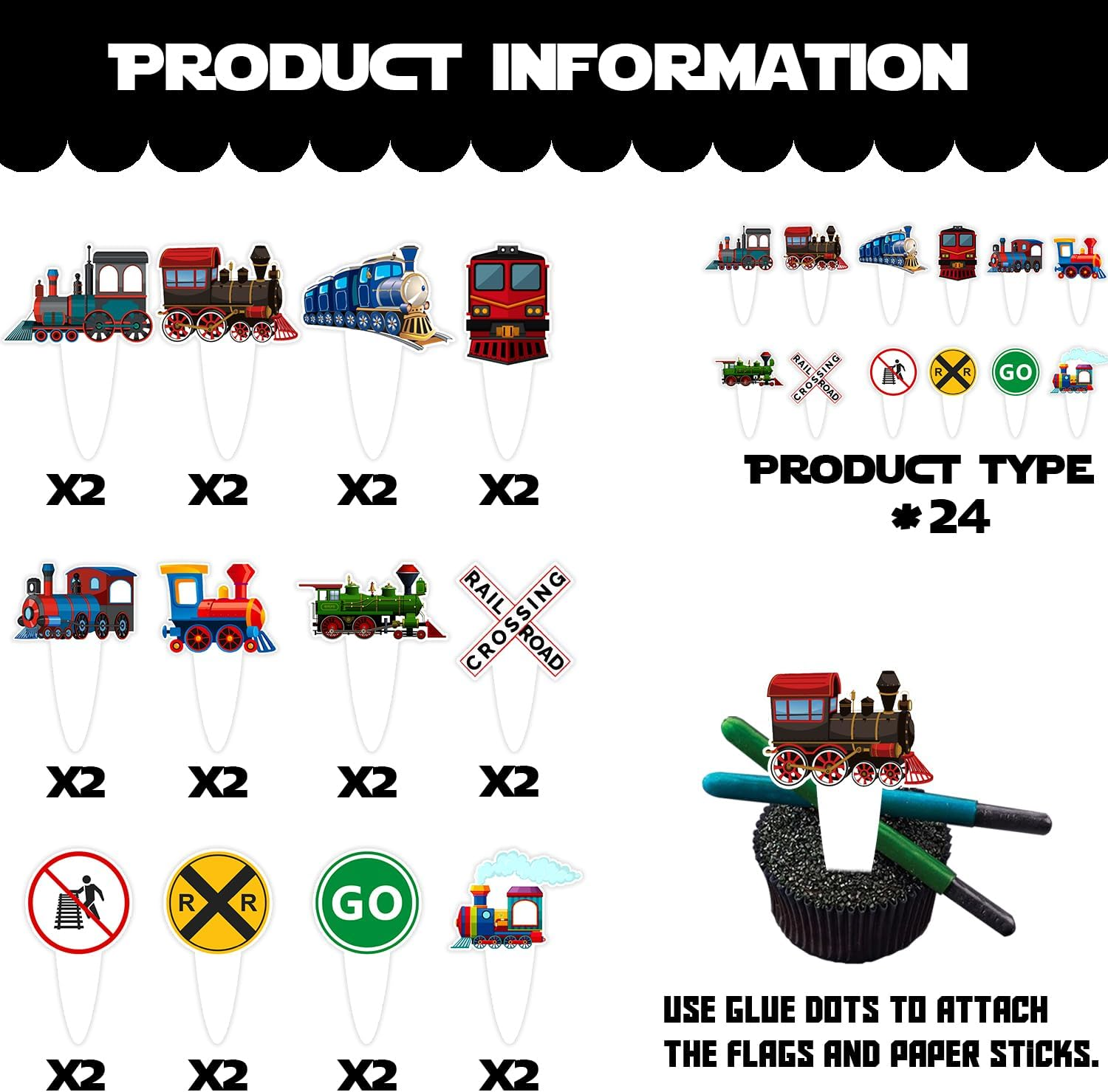 Dessert Cupcake Topper Cheer to Transportation Train Railroad Crossing Theme Decor Supplies Baby Shower Children Boy Girl Happy Birthday Party Decorations Set 24Pcs image number 4