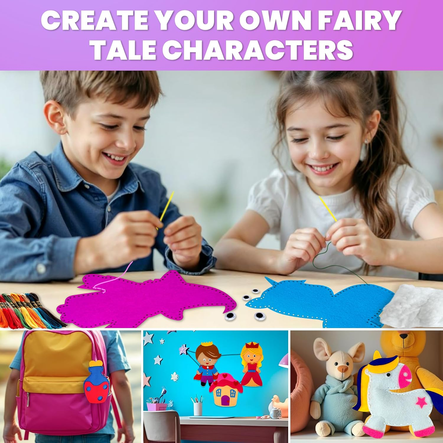 QUOKKA Kids Crafts Ages 4-8, DIY Beginner Needle and Thread Kit - 12 Fairy Tale Sewing Kit Basic - Fun Arts Crafts for Kids Ages 6-8 Girls Boys - Plastic Needles, Scissors - 6+ Year Old Girl Gifts