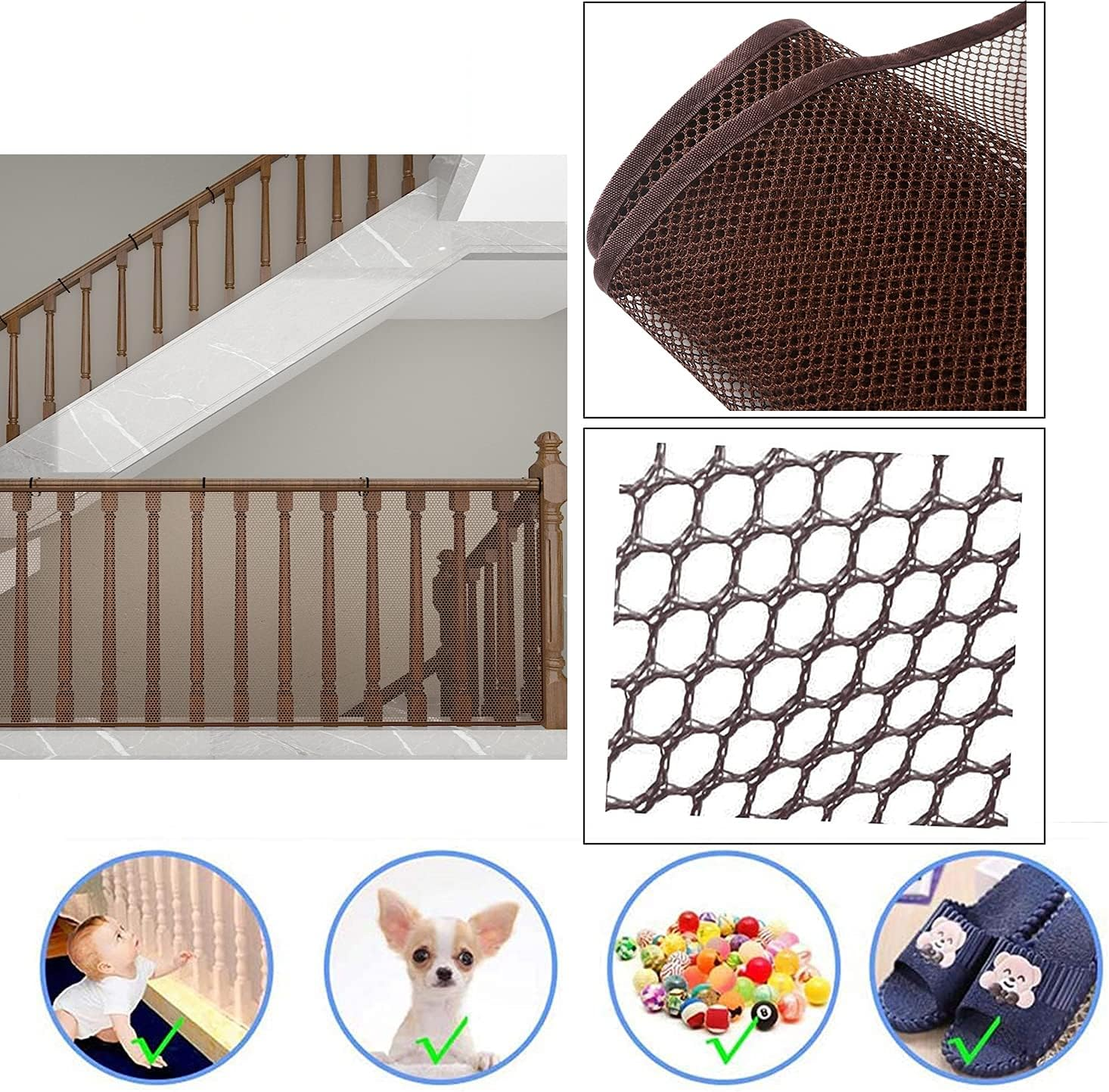 3 Metre Stairs Protective Net, Stair Railing Safety Net, Stairs Railing Fence Mesh, Safety Net for Children, Protective Net Stairs, Baby Balcony Net (Brown) image number 1
