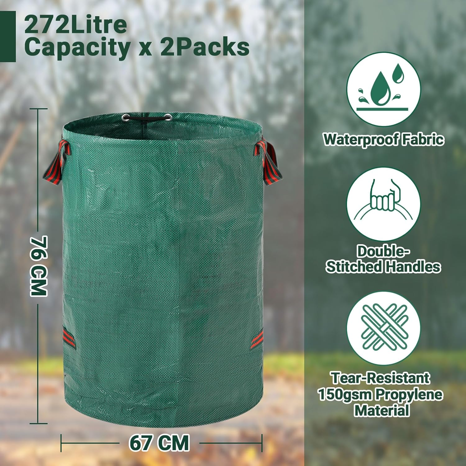 Velway Garden 2 X 272L Garden Waste Bags - Reusable Garden Bags with Handles - Industrial Fabric for Leaves Rubbish Rubble - Waterproof Garden Rubbish Bags image number 5