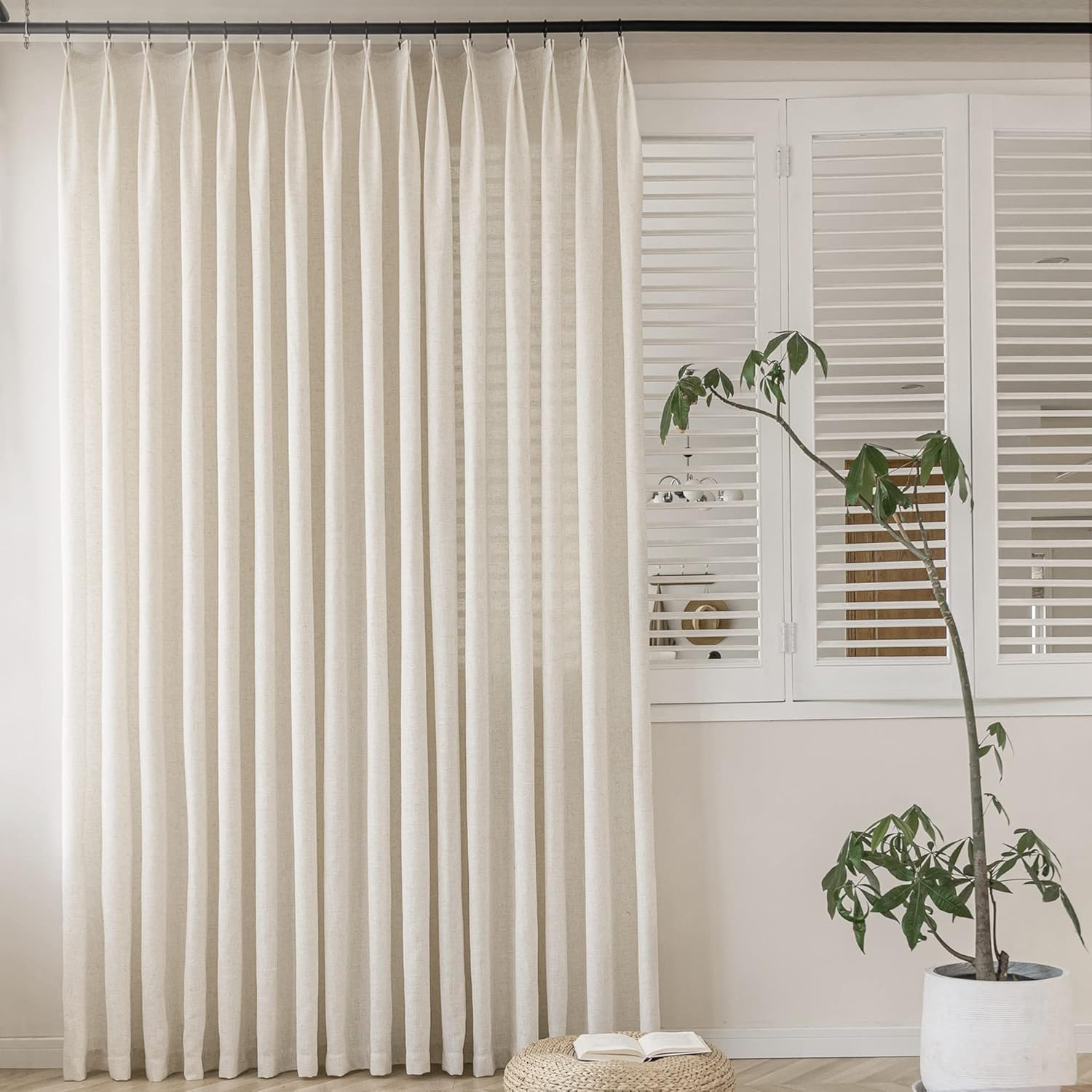 MAIHER Faux Linen Semi Sheer Pinch Pleated Drapes for Living Room, Light Filtering Pleated Curtain Panels 96 Inches Long with Hooks for Traverse Rod (Linen, 1 Panel, 72" W X 96" L)