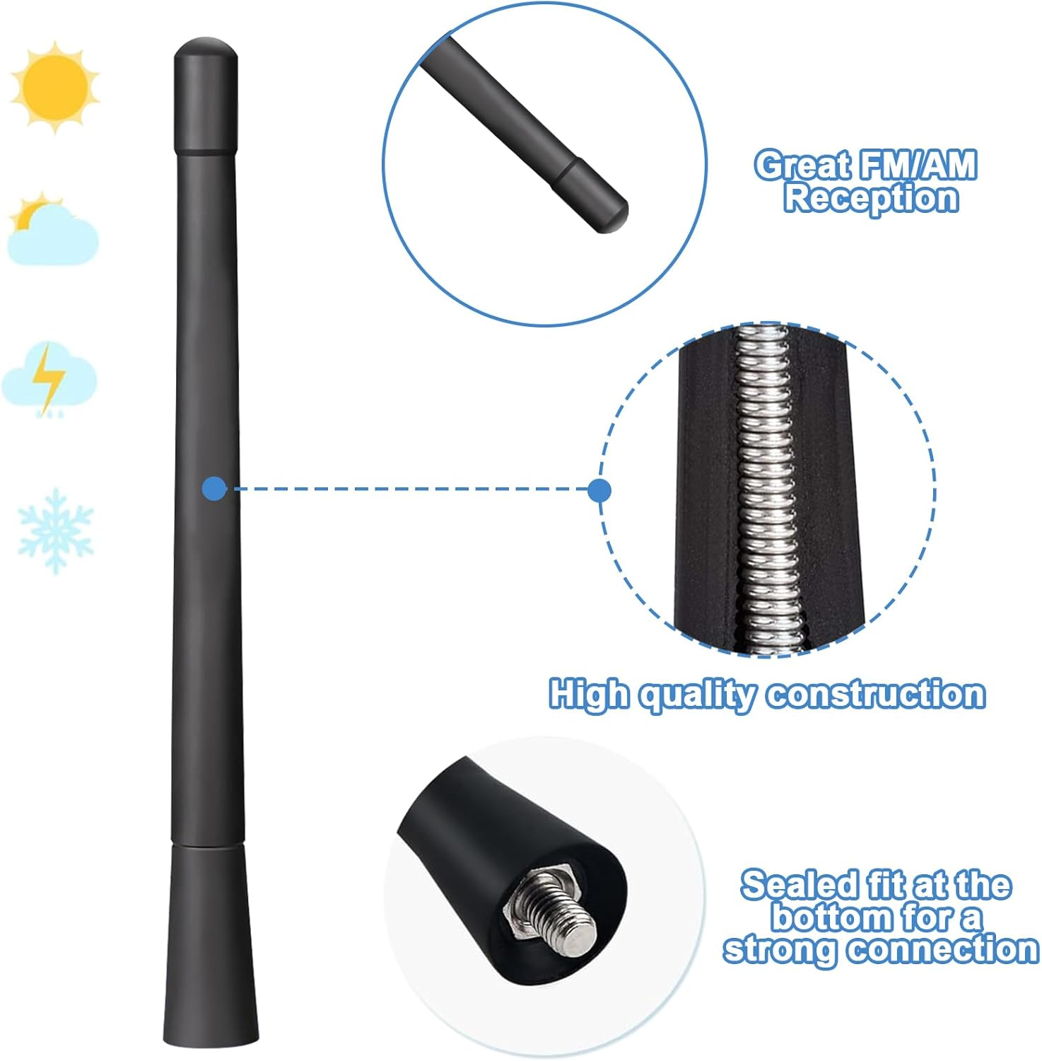 AQTAQ Universal Vehicle Roof Mount Car Antenna Short 17.5Cm/6.9 Inch Car Radio Rod Antenna Replacement with High-Quality AM & FM Reception with M4 M5 M6 Threaded Adapter Suitable for Most Models Etc image number 4