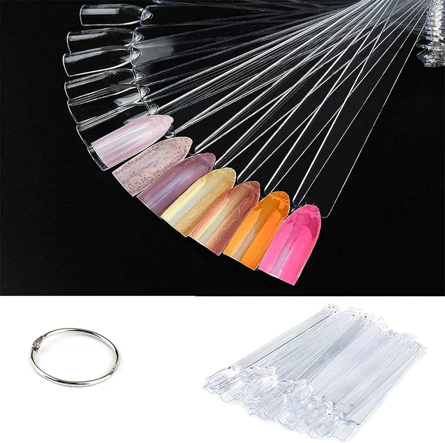 Henmeili Pack of 100 Nail Art Tips Ring Stick, Transparent Colour Card Plates Nail Polish Display Ring Sticks, Nail Salon Exercises Display Nail Tips for Display and Practice DIY Nail Art (Transparent