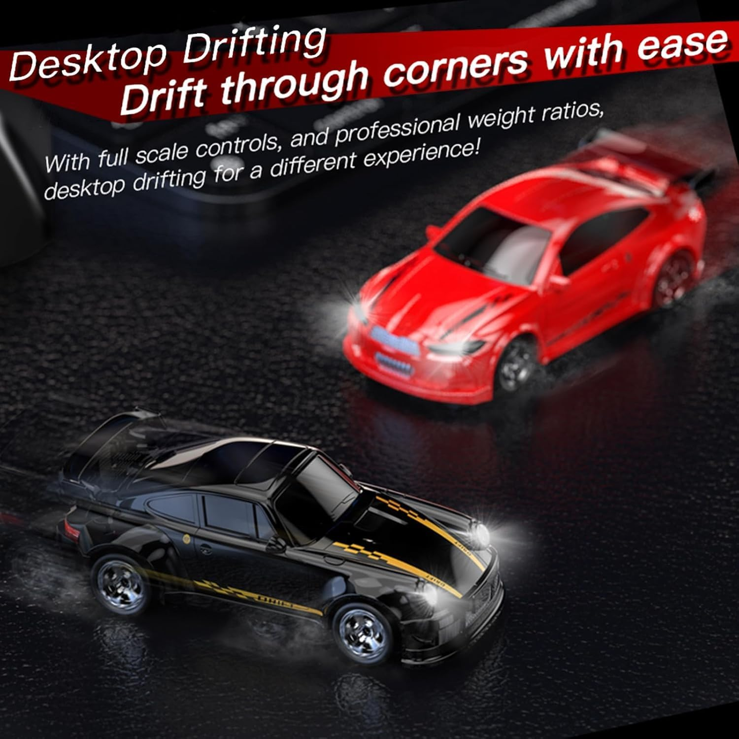 Mini 4WD Remote Control Drift Car,1:64 Hand Racing Car,2.4G Stepless Speed Remote Control Car,Simulation Front and Rear Lights,Suitable for Kids Adults Gift Toys (Black) image number 6