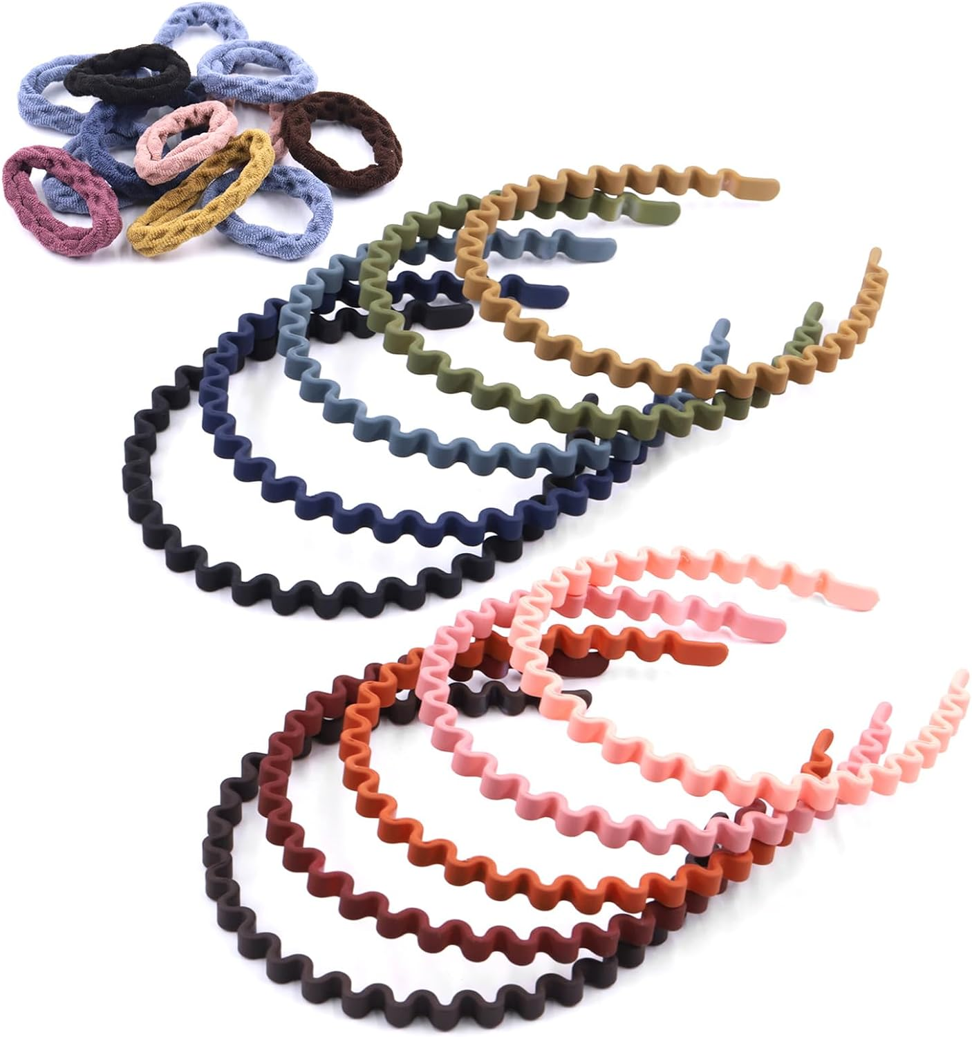 Rustark 12Pcs Colorful Plastic Wavy Hairbands Assortment Kit with 12Pcs Hair Ties, Spring Wavy Hair Hoop Skinny Plastic Headbands with Teeth Fashion Hairbands for Women Non Slip image number 3