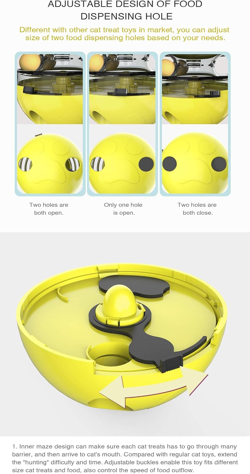 CYBERNOVA Interactive Wobble Cat Toy with a Teaser Wand, Built -In Treat Dispenser/Pet Puzzle Toy/Slow Feeder for Cats and Kitten (Yellow) - Yellow image number 2