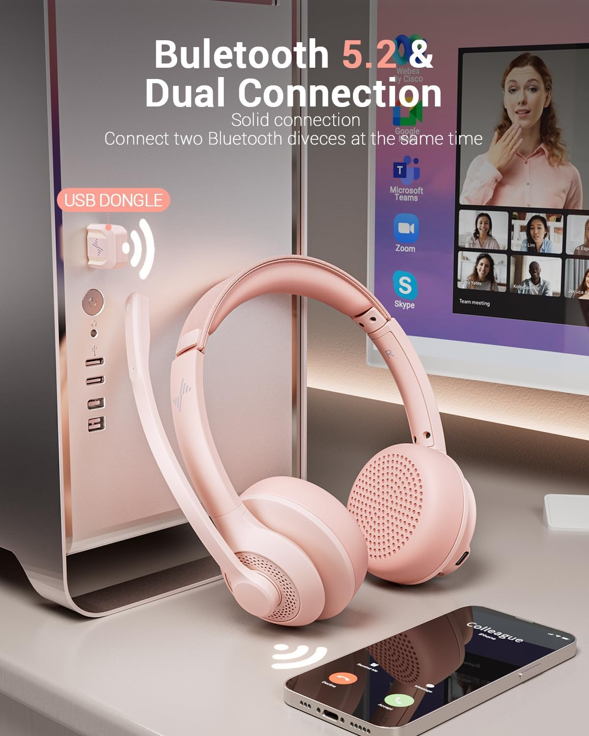 JIAMQISHI Wireless Headset with AI Noise Cancelling Microphone Bluetooth Headset - Bluetooth V5.2 Headphones with USB Dongle & Mic Mute for Computer/Laptop/Pc/Iphone/Android/Cell Phones (Pink) - Black image number 6