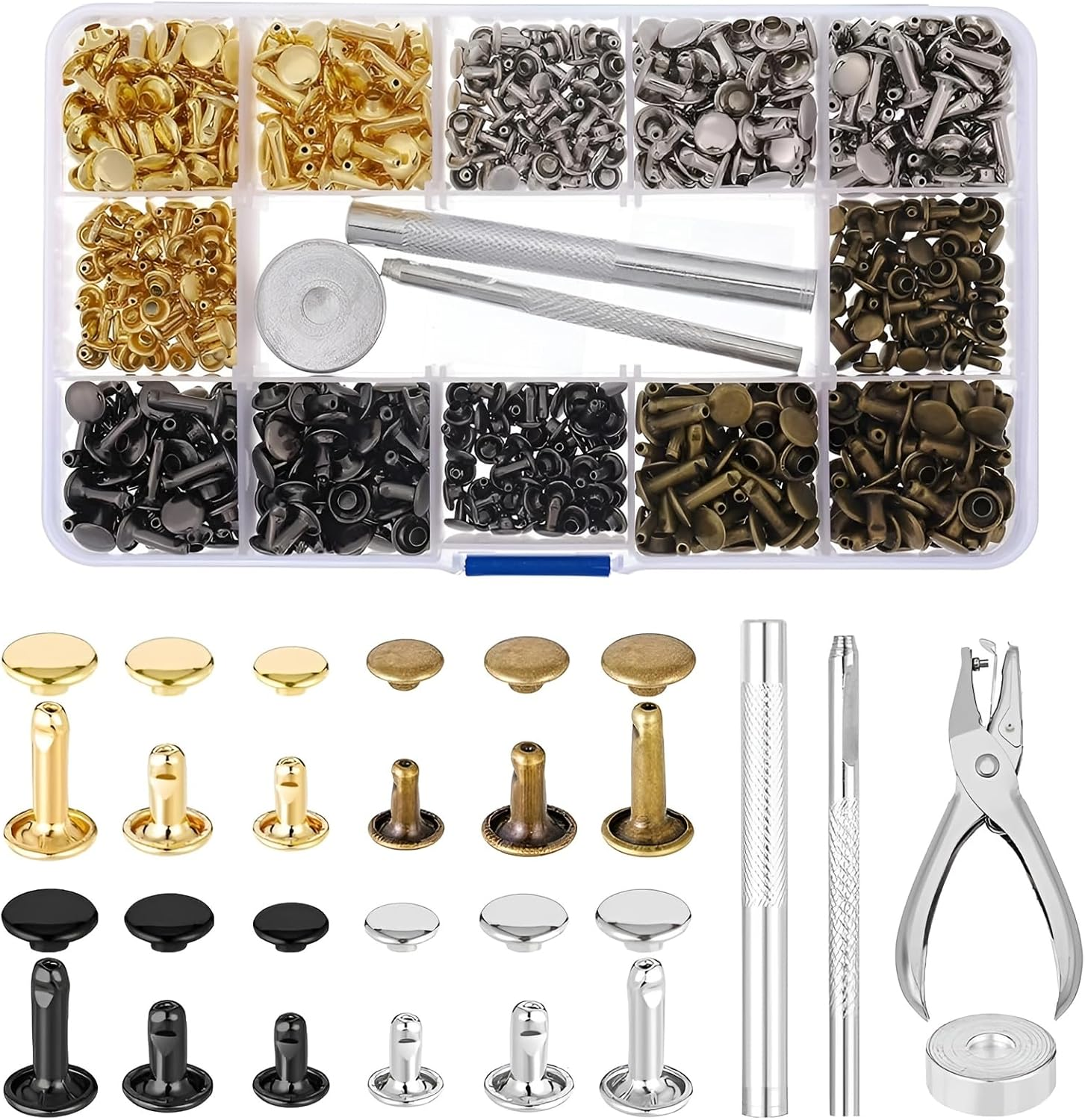 240 Sets of Leather Rivets with Punch Pliers and Fixing Tools,Leather Rivets Double Cap Rivets Tubular Metal Rivets Leather Rivets Bag,Clothing,Shoes,Leather Craft (4 Colors and 3 Sizes) image number 4