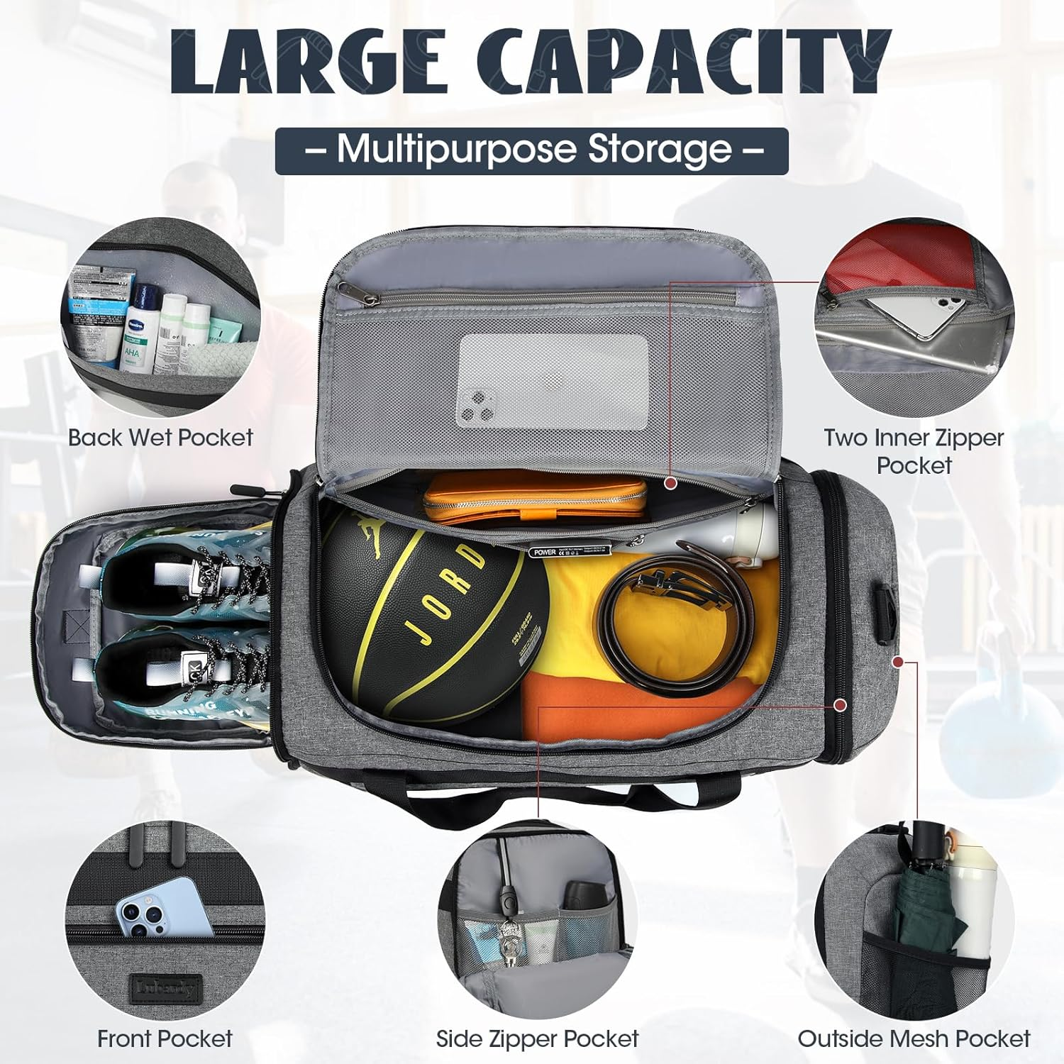 Gym Bag for Men 40L Sports Duffel Bags Gym Duffle Bag Women with Shoe Compartment & Wet Pocket Water Resistant Travel Duffel Bag Lightweight Weekender Overnight Bag Black, Grey, 40L, Duffle Bag Women image number 3