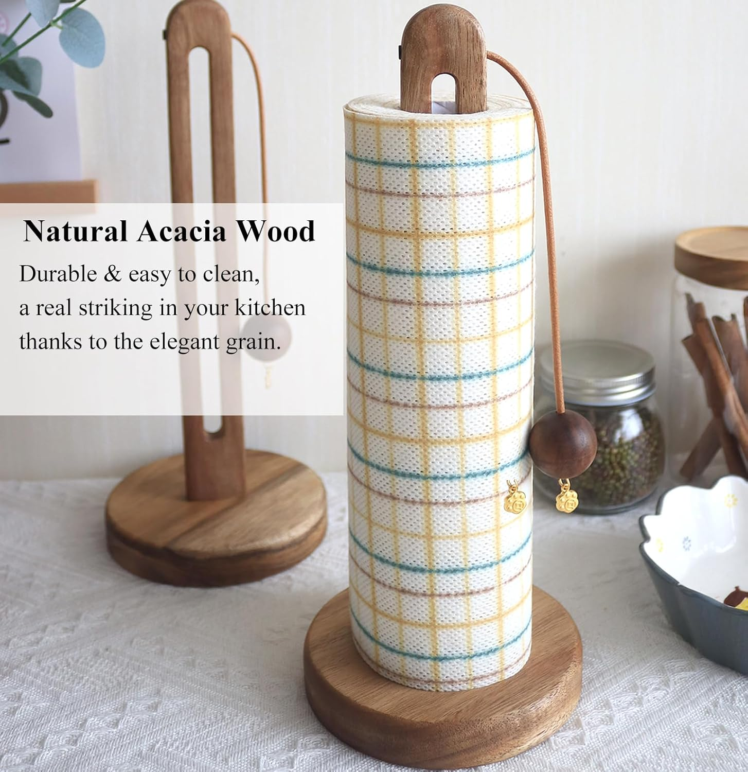 Wooden Kitchen Roll Holder Free Standing, Acacia Wood Paper Towel Stand for Counter, Non-Slip Towel Roll Holder, Farmhouse Organizer Fits Most Size Paper Rolls image number 2