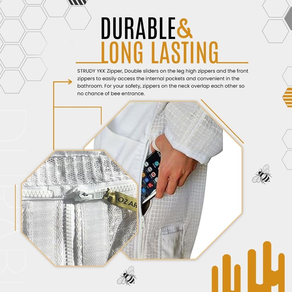 3 Layer Ventilated Beekeeping Suit with 2 Veils, Beekeeper Suit for Men & Women | Breathable Mesh Protection | Fencing & round Hat | 8 Pockets | Sting-Proof Professionally Designed (5XL) image number 5
