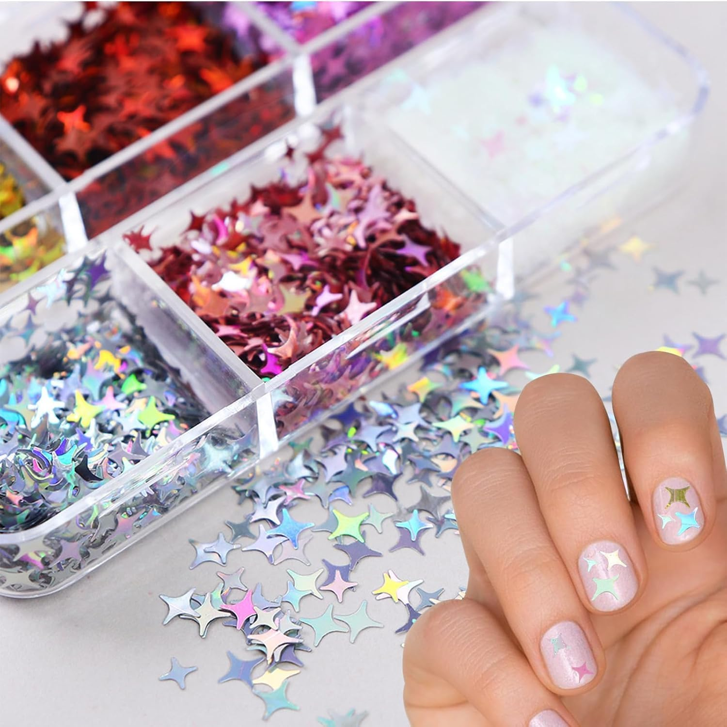 6 Grid Holographic Star Nail Glitter Set,3D Five-Pointed Star Sequins,Flakes for Nail Art, Independence Day Decor, DIY Crafts Holographic Sparkle Nail Decals for Women Girls Manicure Supplies image number 6