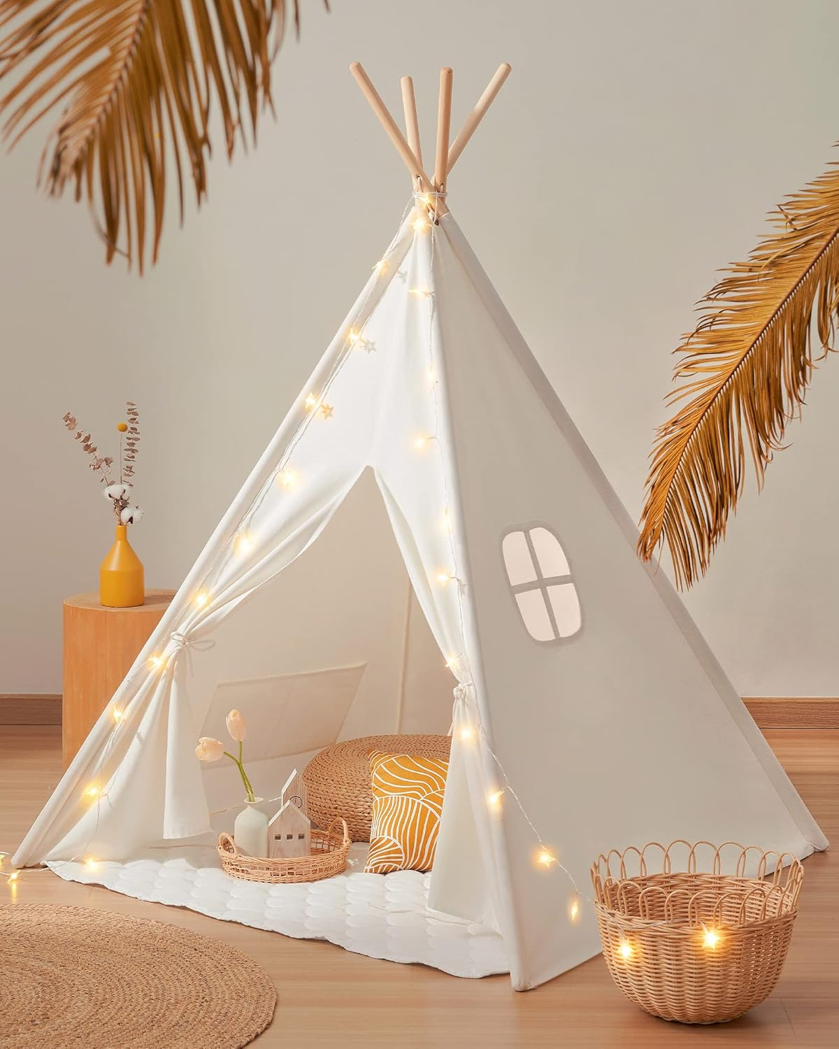Tiny Land 100% Cotton Large Kids Teepee Tent with Padded Mat & Light String & Carry Case-Kids Foldable Play Tent -Toys for 3,4,5,6 Year Old Girls and Boys, Teepee Indoor Outdoor Games Playhouse image number 5