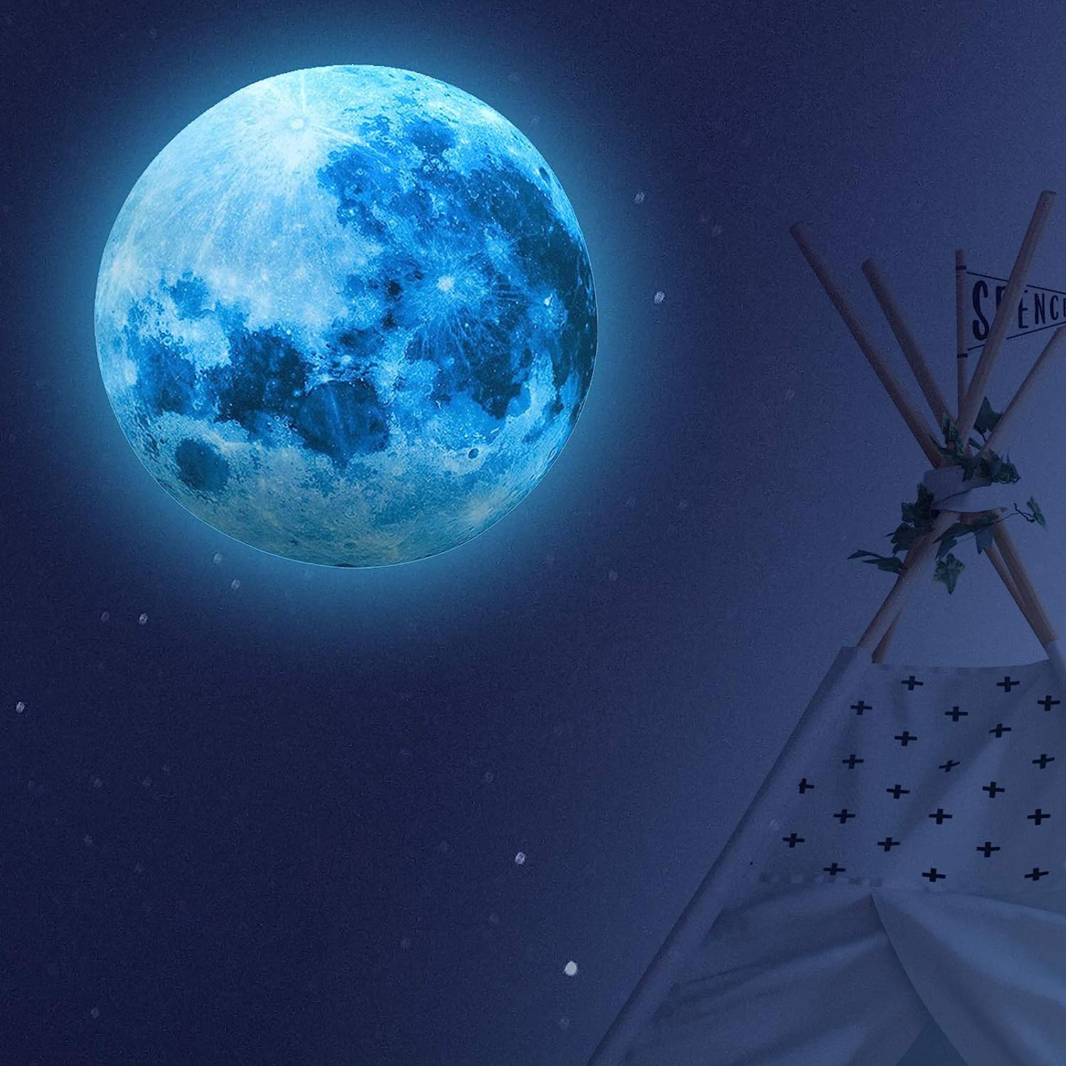 Glow in the Dark Moon and Space Planet Wall Stickers for Ceiling and Wall Decals - Perfect for Kids Nursery Bedroom Living Room (Sky Blue) image number 6