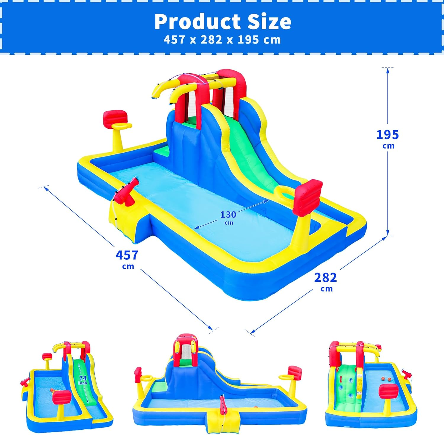 Inflatable Water Slide, 8 in 1 Water Park with Blower, 457 X 282 X 195 Cm Water Slides with Large Splashing Pool, Double Basketball Hoops, Water Cannon image number 2