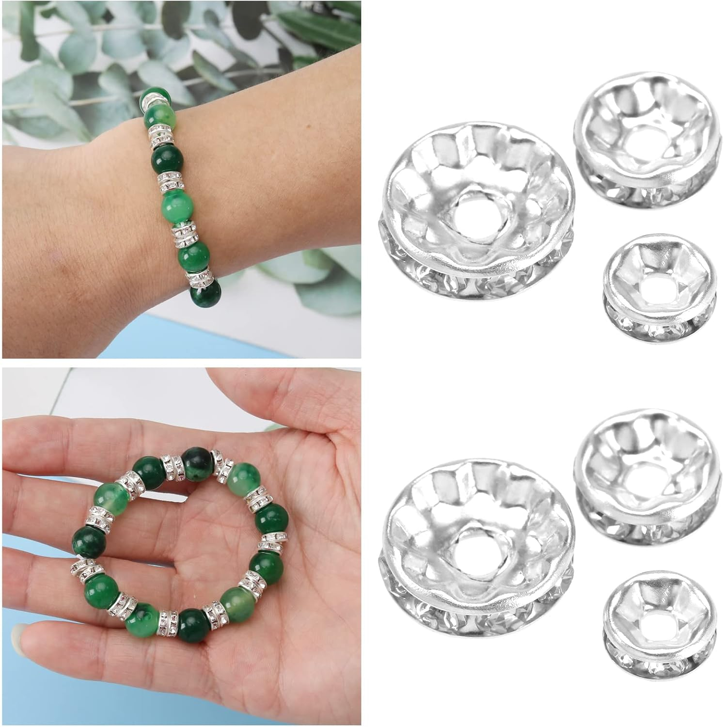 Emagtech 150PCS Rondelle Spacer Beads Shiny Rhinestone Loose round Beads for Bracelet Necklace Earring Jewelry Making Decorations 6Mm 8Mm 10Mm 50PCS Each Size Silver image number 4