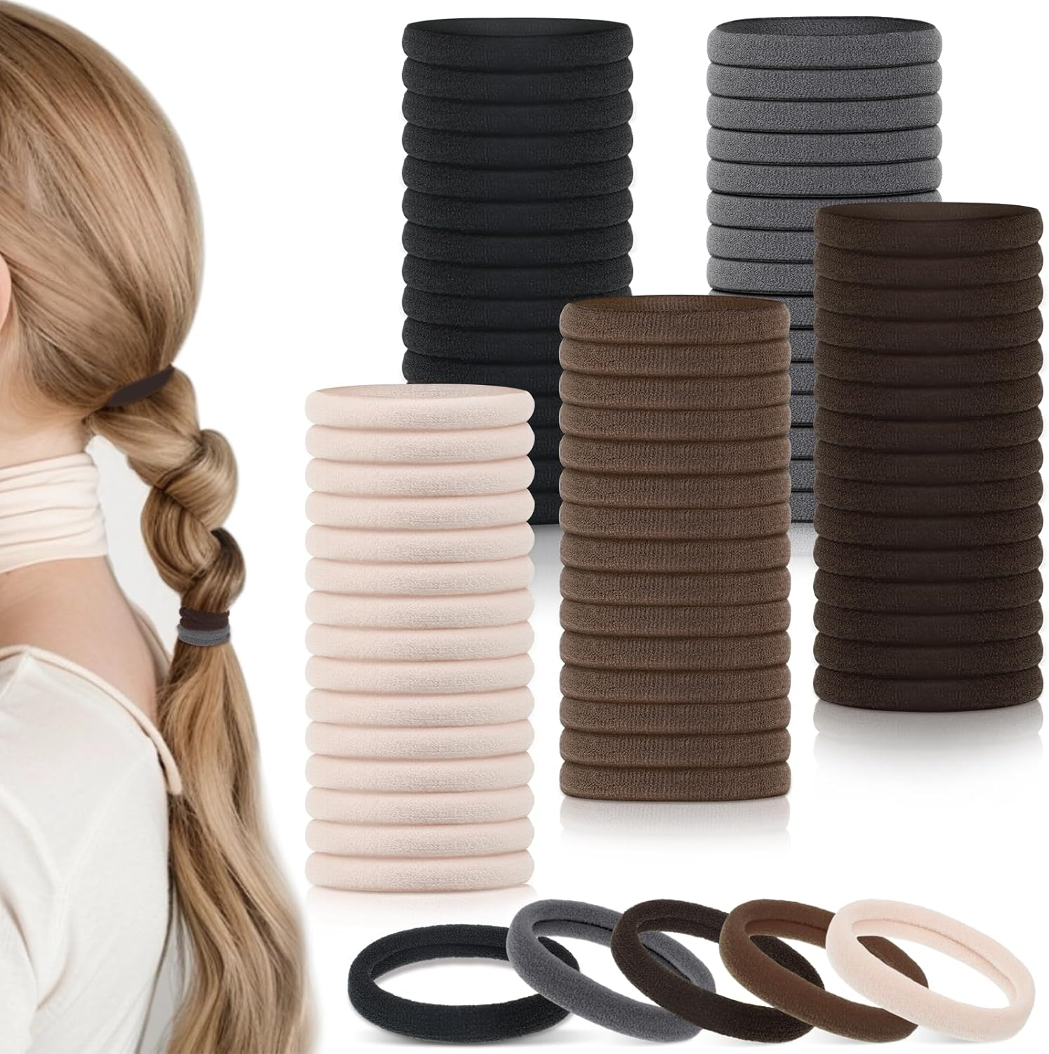 Obeoby 100PCS Black Hair Ties, Seamless Hair Ties Ponytail Holders Elastics Hair Accessories for Women Girls, 1.5 In