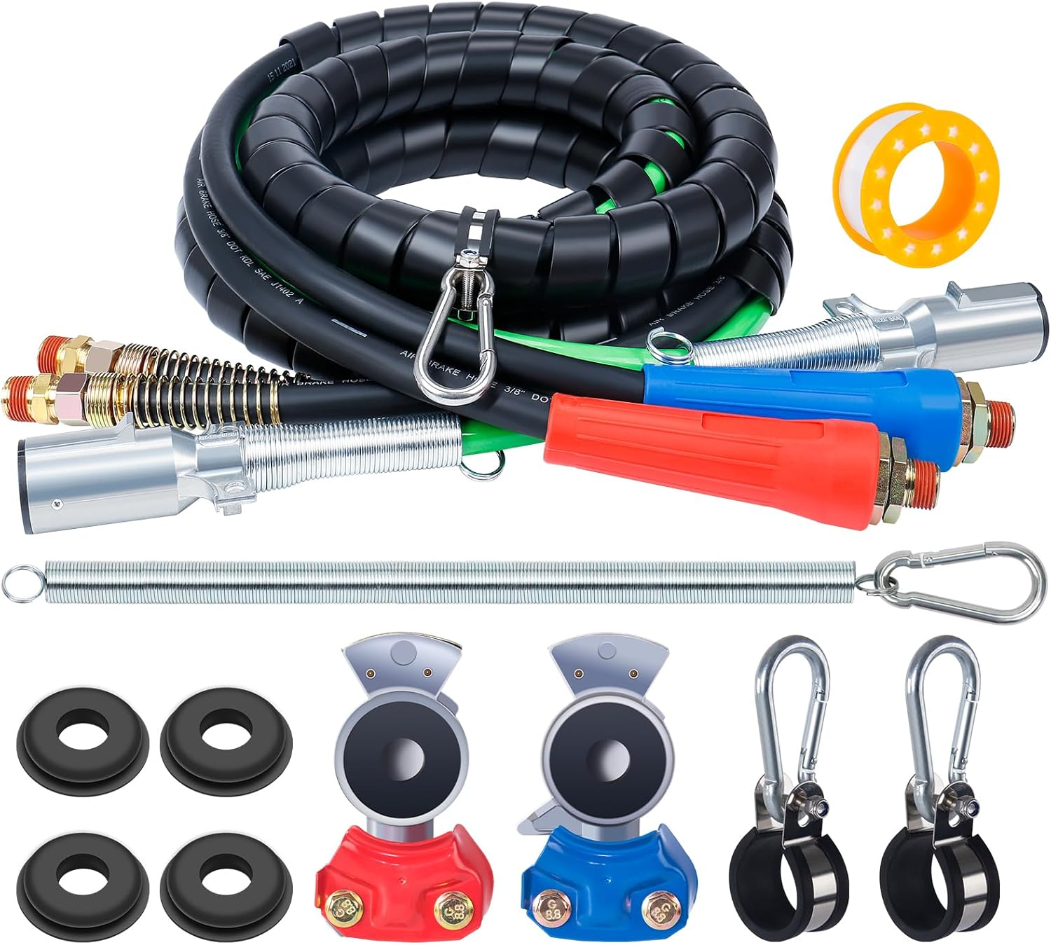 Cheemuii Semi Truck Air Line Kit 12 FT 3 in 1 ABS Power Air Line Air Hose with Gladhands and Tender Spring Kit for Semi Truck Tractor Trailer image number 1