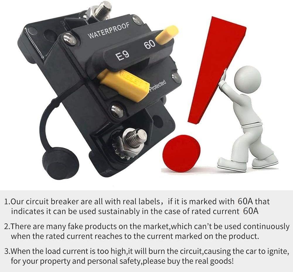 60Amp Circuit Breaker 30-300A with Manual Reset Trolling Motor Auto Car Marine Boat Bike Stereo Audio Terminal Inline Fuse Inverter for System Current Overload Protection 12V-48V DC Waterproof - E100A image number 7