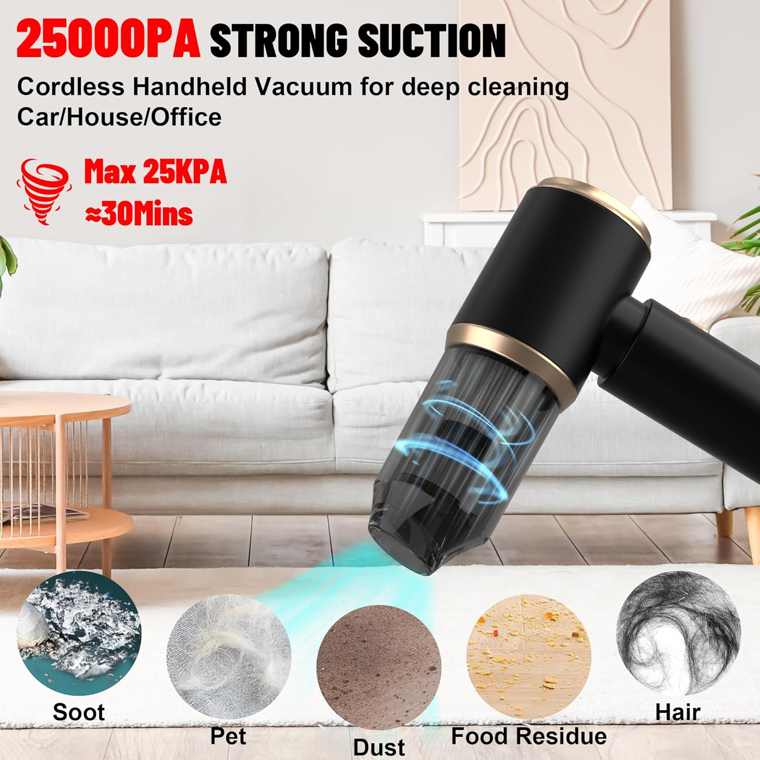 Cozylady Cordless Car Vacuum Cleaner, 25000PA High Power Handheld Vacuum, 4-In-1 Mini Vacuum & Air Duster Blower for Car, Home, Keyboard, Pet Hair image number 2