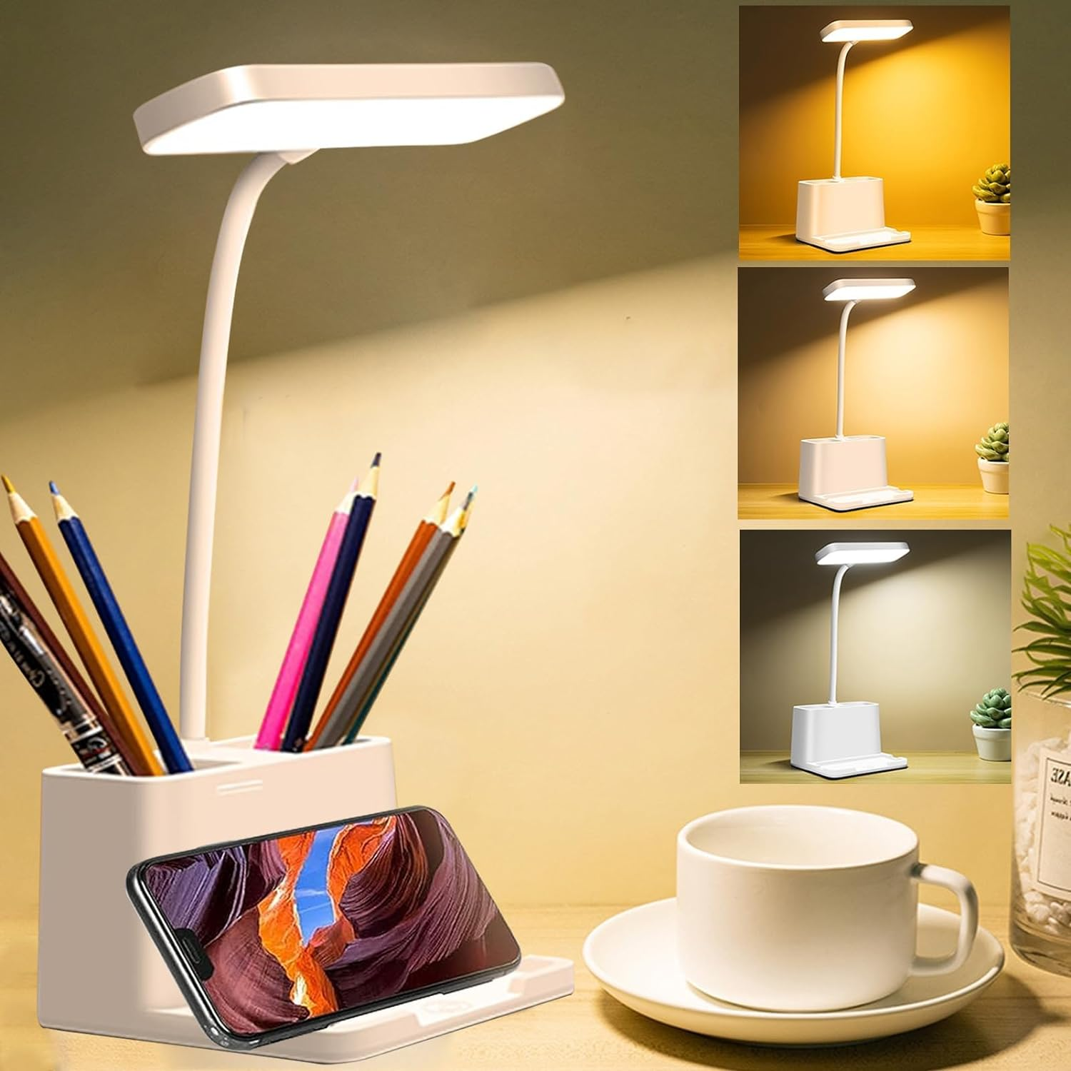 Cordless Desk Lamp, LED Desk Lamp with Pen/Phone Holder, Rechargeable Study Table Lamp with 360&deg; Gooseneck, for Kids/Student/College Dorm/Office image number 2