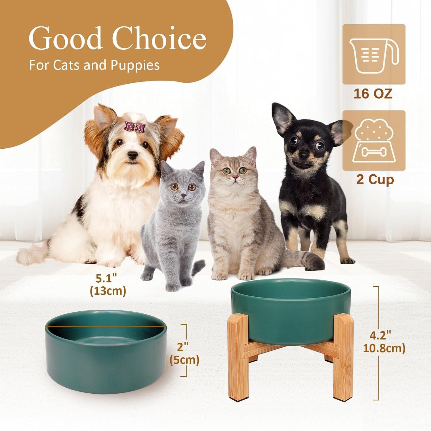 Elevated Ceramic Dog Bowl - PRENDIEEN Raised Dog Bowls with Non-Slip Bamboo Stand - Dog Food and Water Bowl - Dog Feeding Bowls - Pet Dishes for Cats and Small Dogs - 16 OZ - 480 ML (Green, Small) image number 3